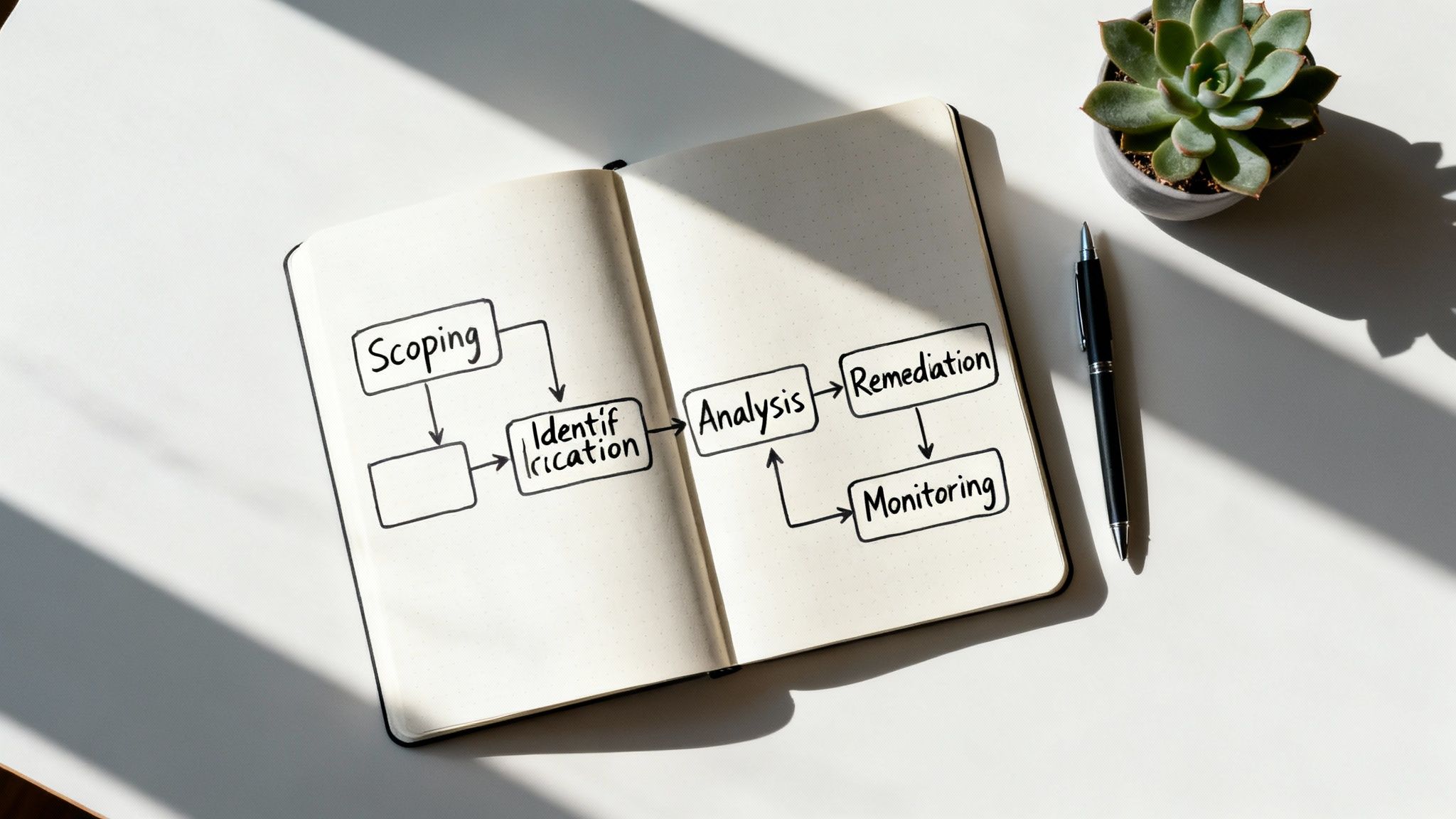 A top-down view of an open notebook displaying a hand-drawn risk assessment flowchart on a white desk.