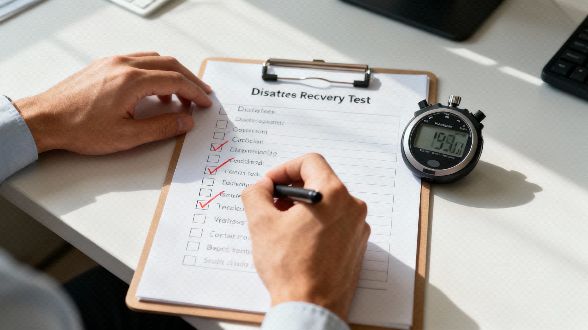 A team works collaboratively in an office, focused on a laptop screen, symbolizing the review and maintenance process of a disaster recovery plan.