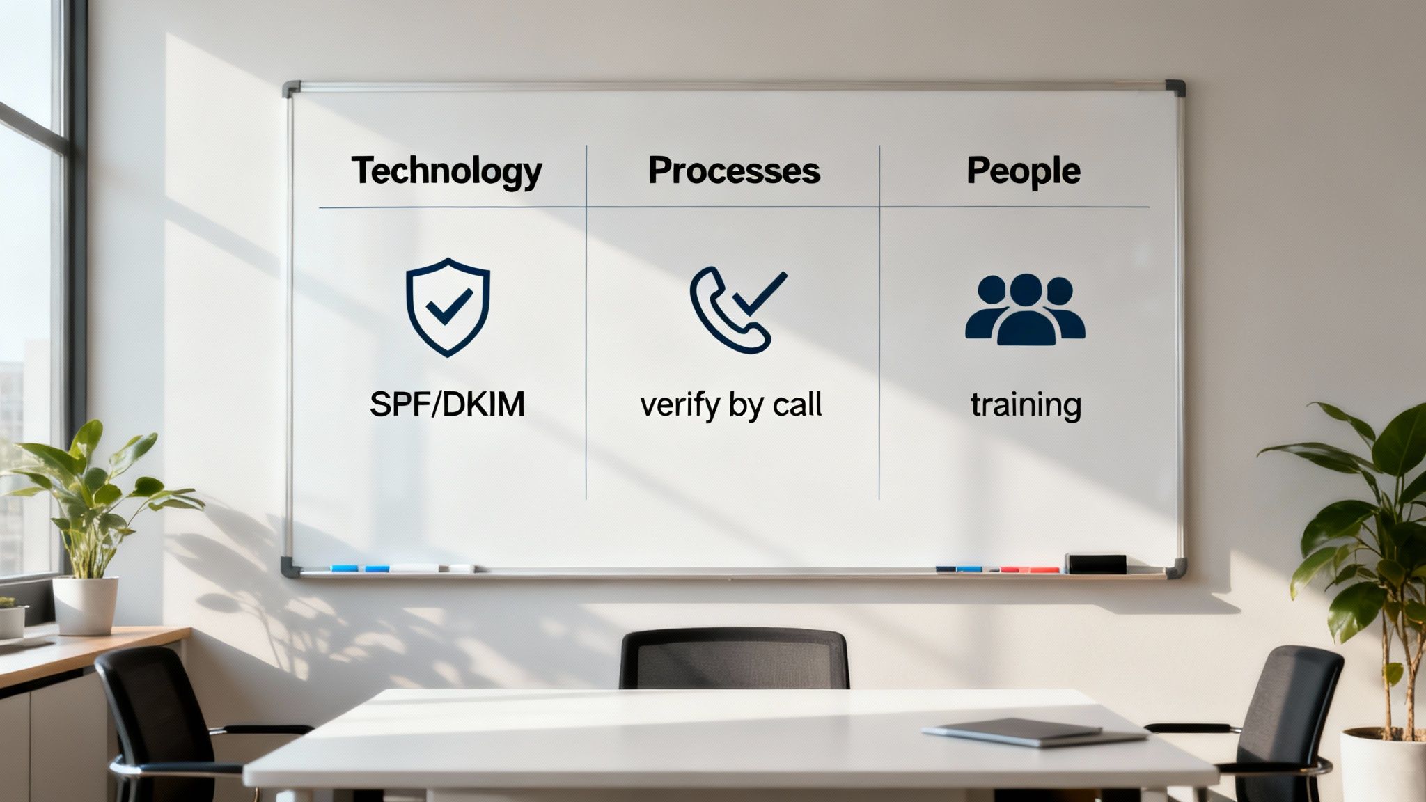 Whiteboard in an office displaying a strategy for email security, including SPF/DKIM, call verification, and training.