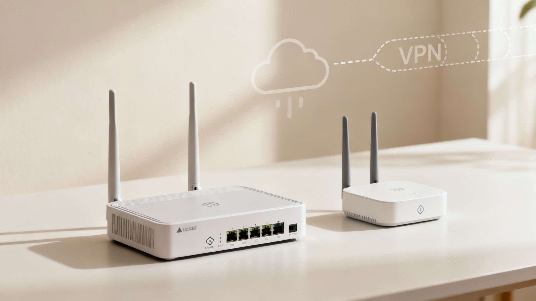 Two white network routers with antennas on a table, with a cloud and VPN graphic.