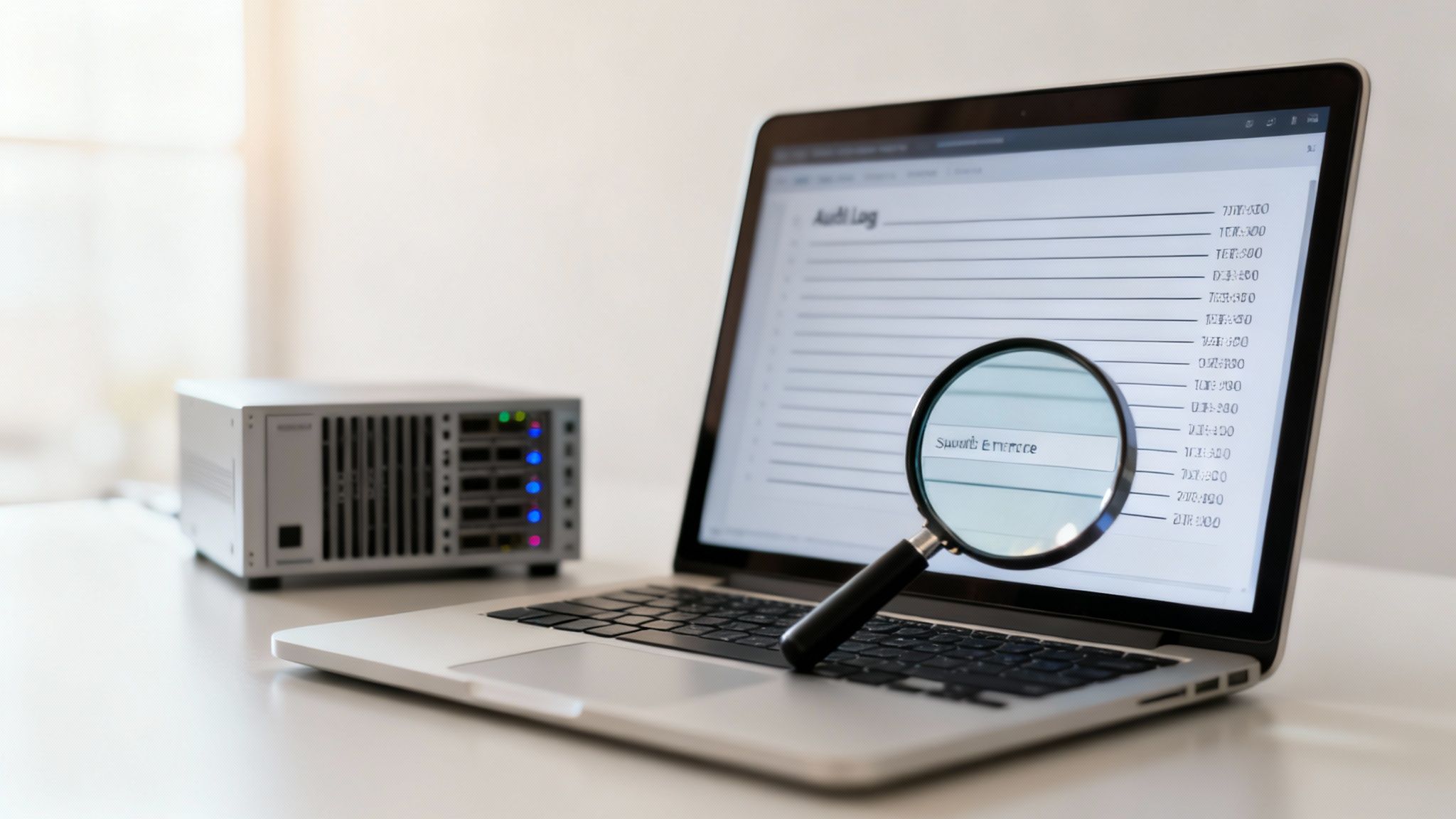 A magnifying glass on a laptop screen displaying an audit log, next to a server device.
