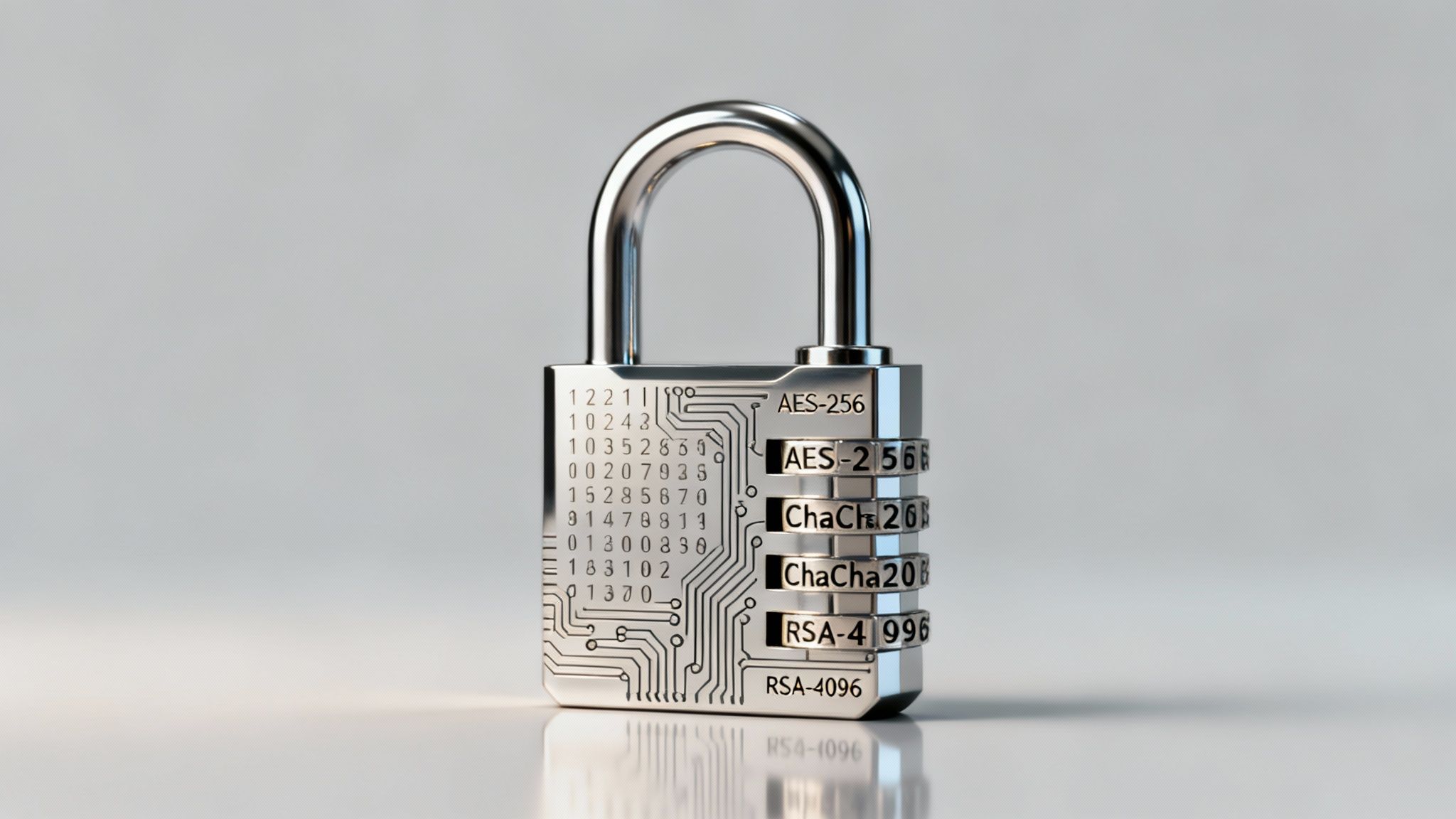 A silver combination padlock featuring cryptographic algorithm names like AES-256 and RSA-4096, symbolizing data encryption and security.