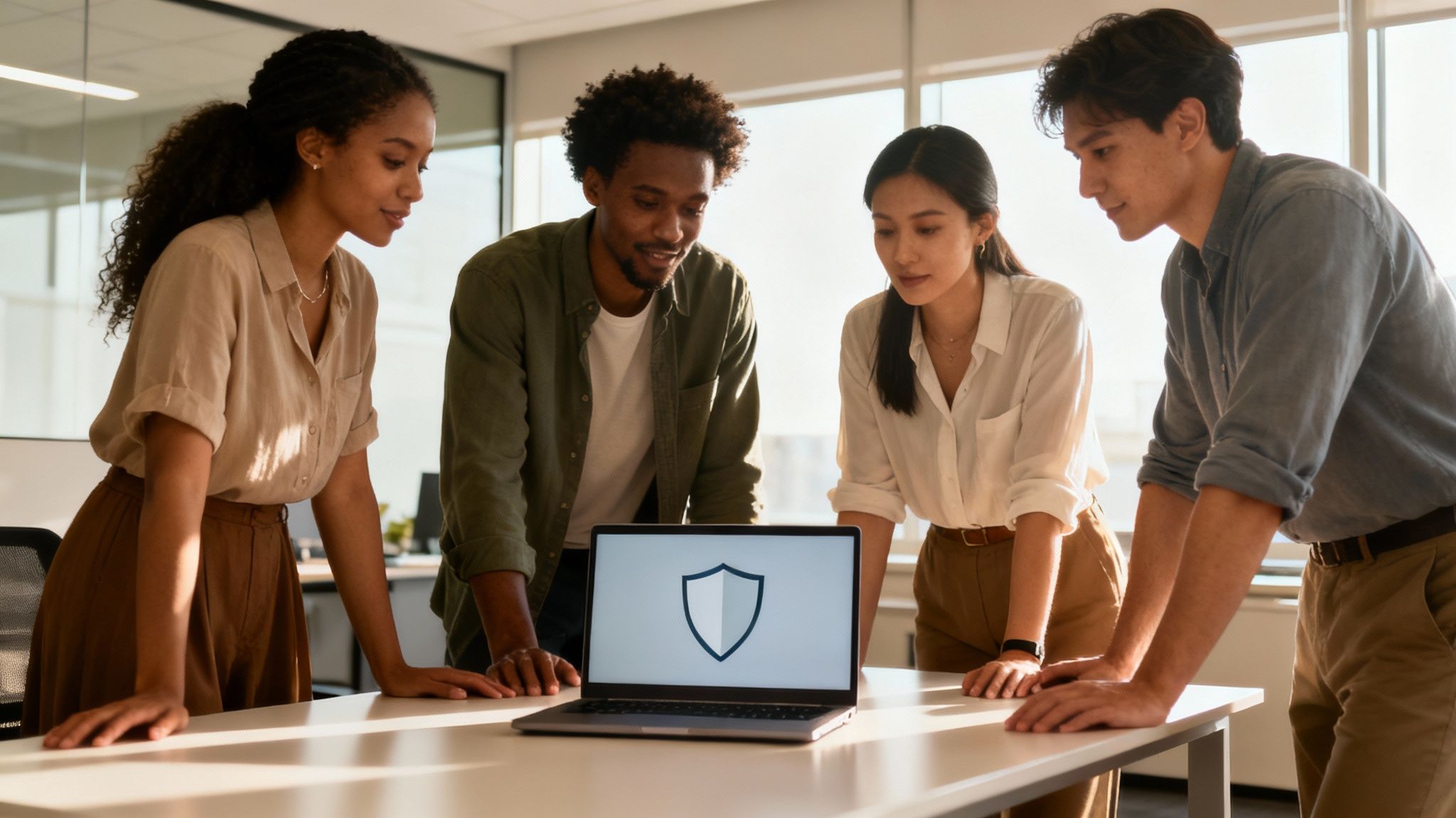 A diverse group of office workers collaborating, with digital shield icons overlaid, representing a human firewall united in security.