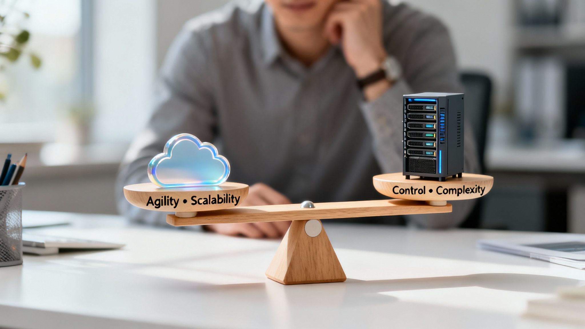 Wooden balance scale comparing cloud computing agility scalability with on-premise server control complexity