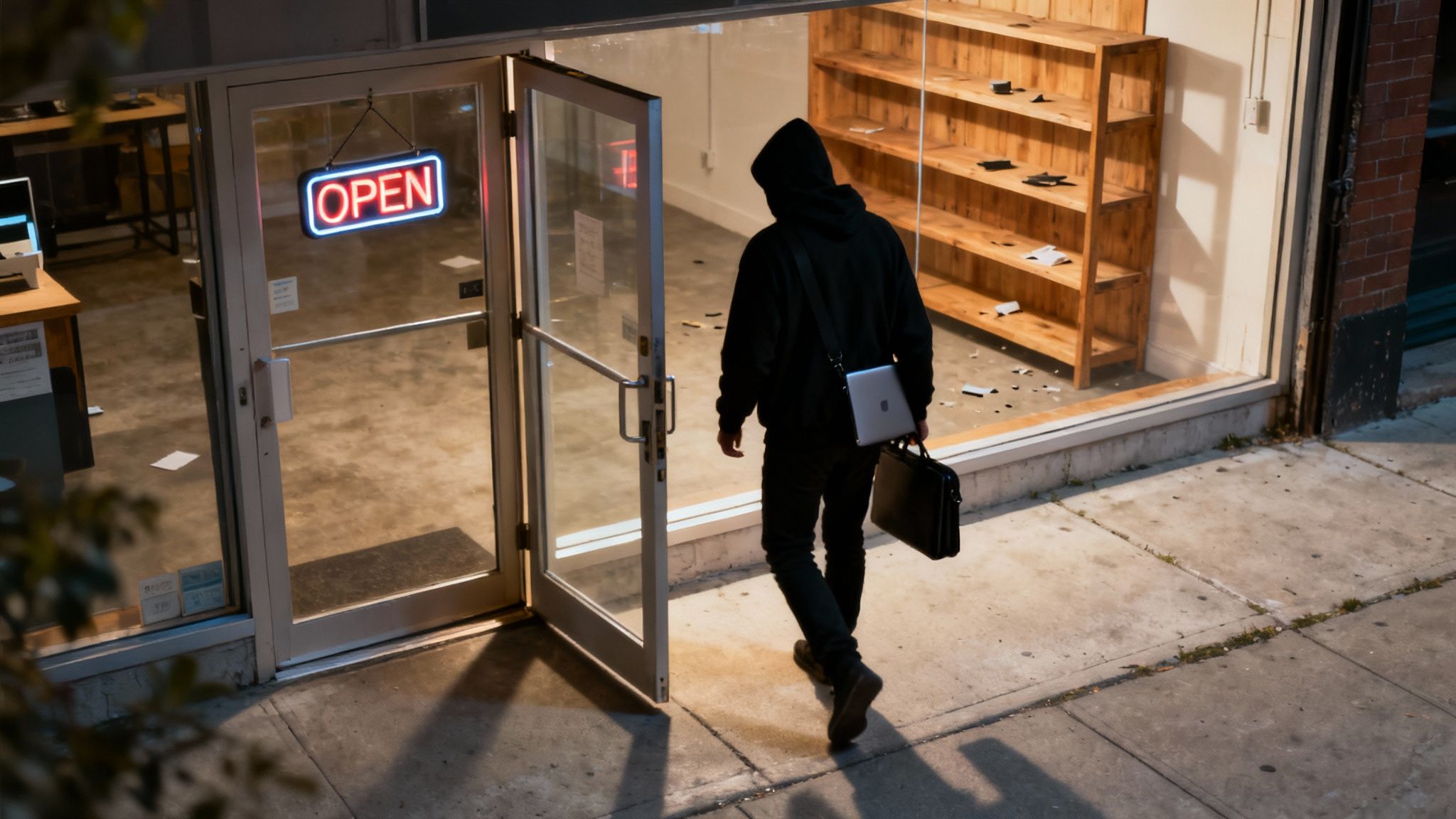 A person working on a laptop in a small office, looking concerned at the screen, with digital lock icons overlaid.