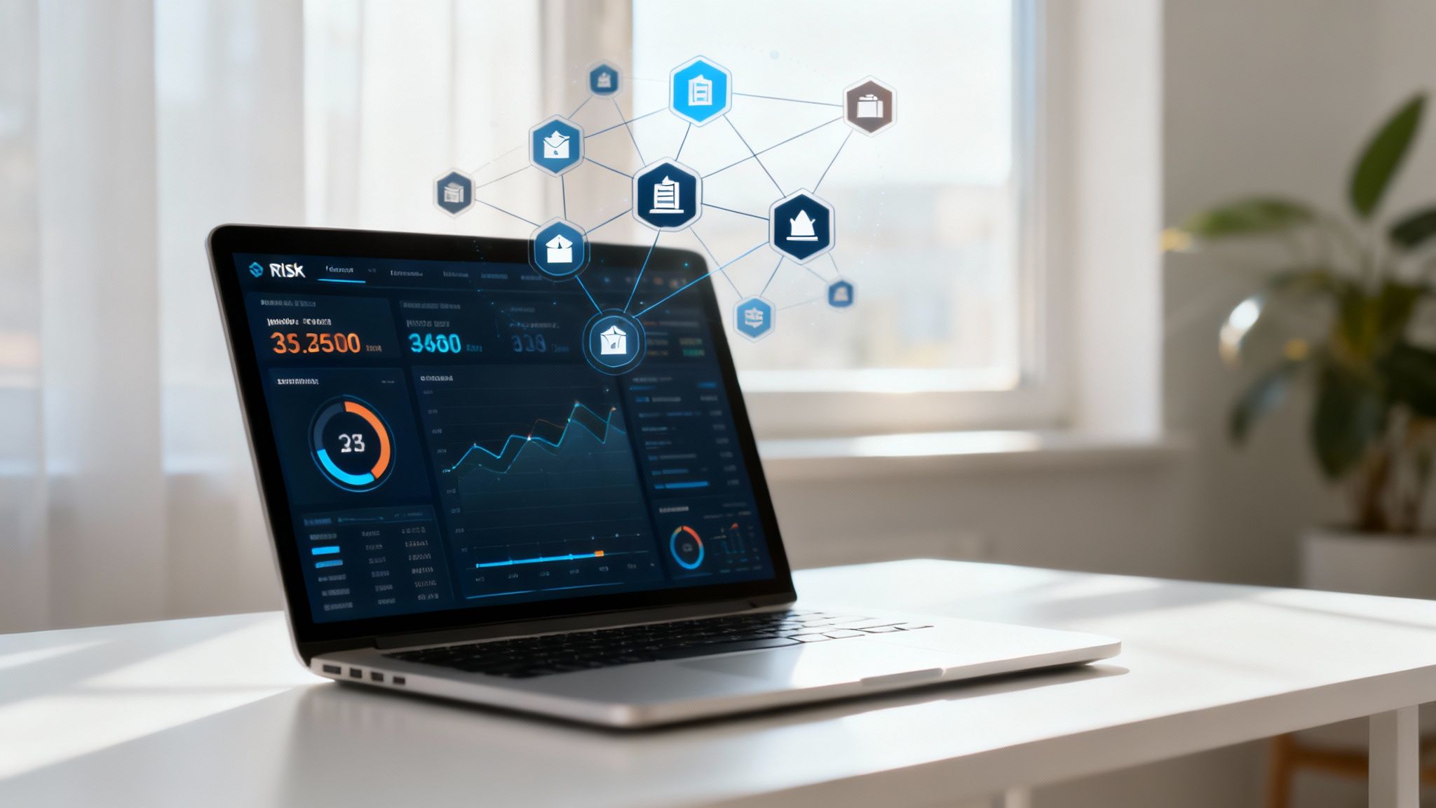 A futuristic dashboard showing real-time risk scores and threat alerts