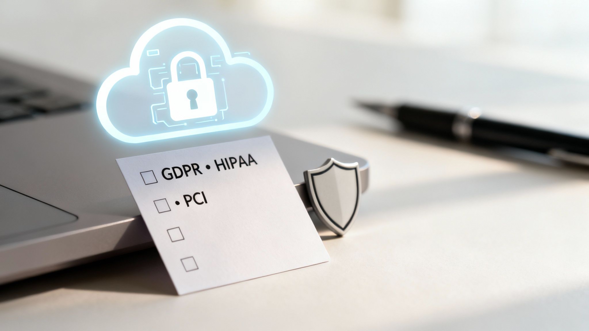 A secure cloud server room with digital lock icons overlaid, symbolizing robust cloud security measures.