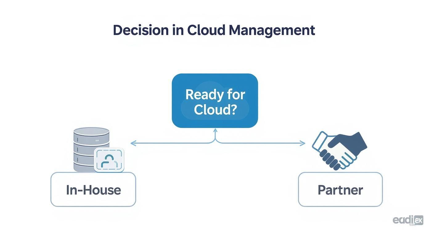 Cloud management decision flowchart showing choice between in-house infrastructure and partner solutions
