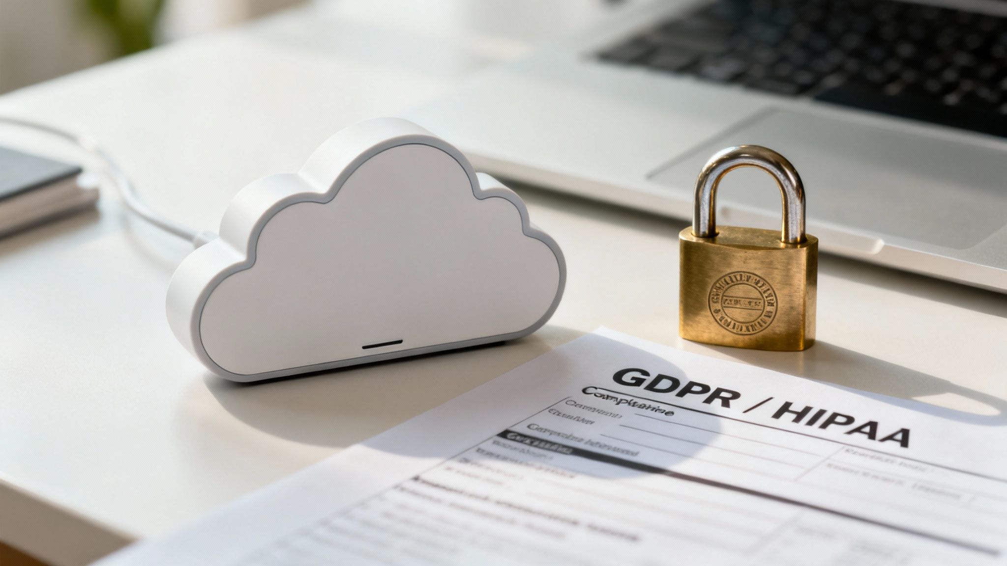 A padlock icon overlaid on a server rack, symbolizing data security and compliance.