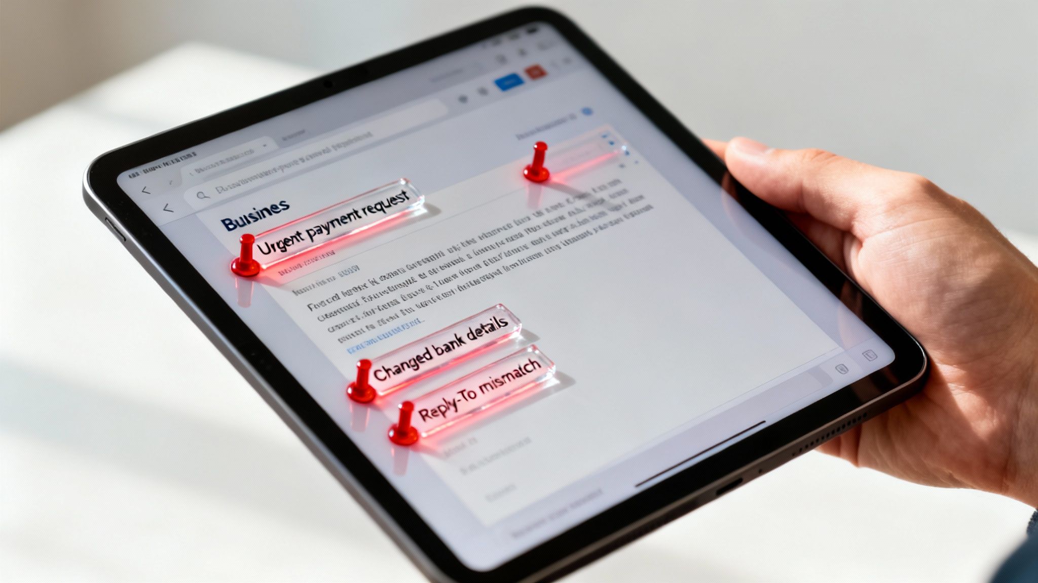 A hand holds a tablet displaying an email with red pins highlighting urgent payment request and changed bank details.