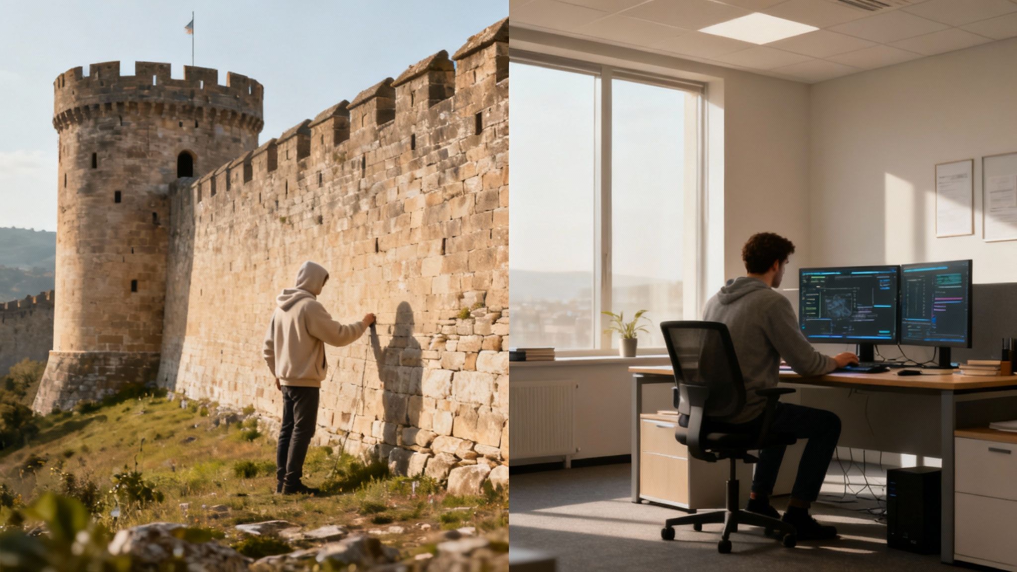 An image illustrating the concepts of internal and external network security with digital shields and arrows