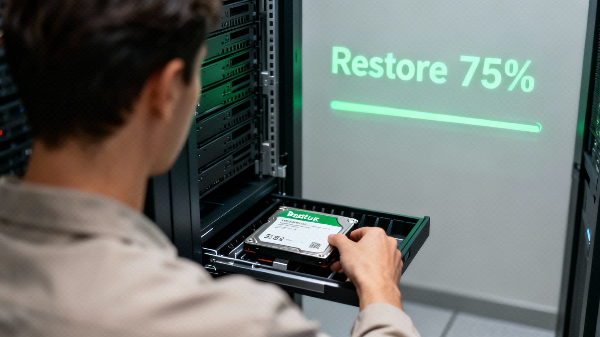 IT professional inserting hard drive into server rack during data recovery and system restoration process
