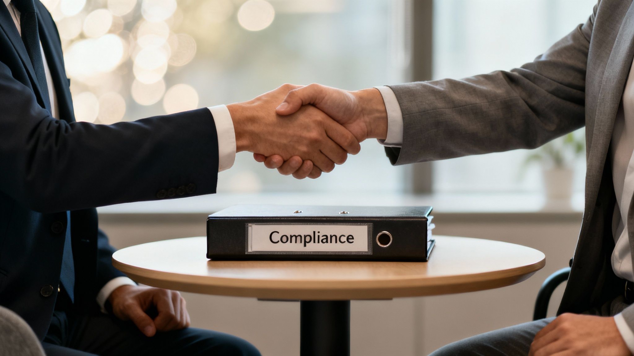 Two businessmen shake hands over a table with a 'Compliance' binder, signifying agreement.