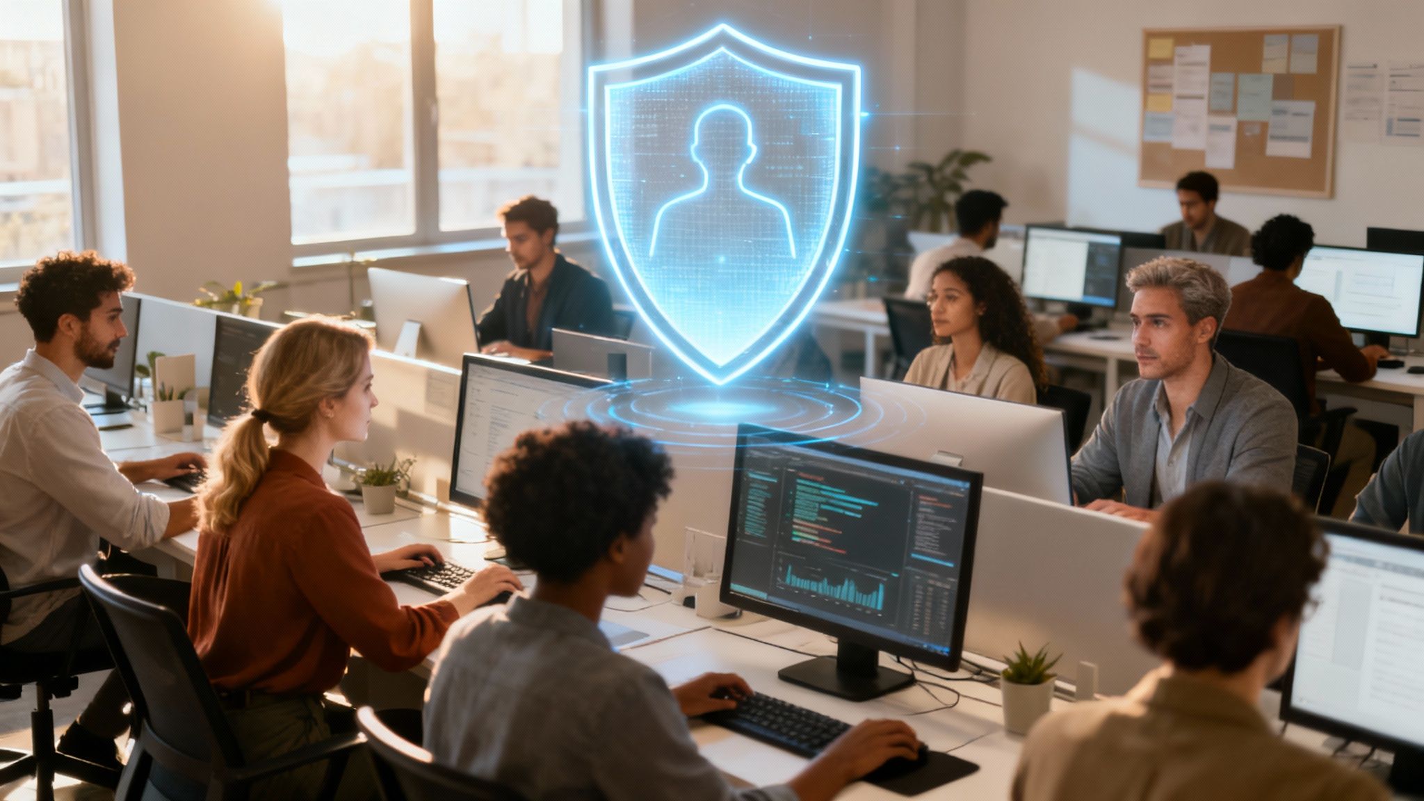 A diverse group of office workers engaged in a collaborative cybersecurity training session around a conference table.