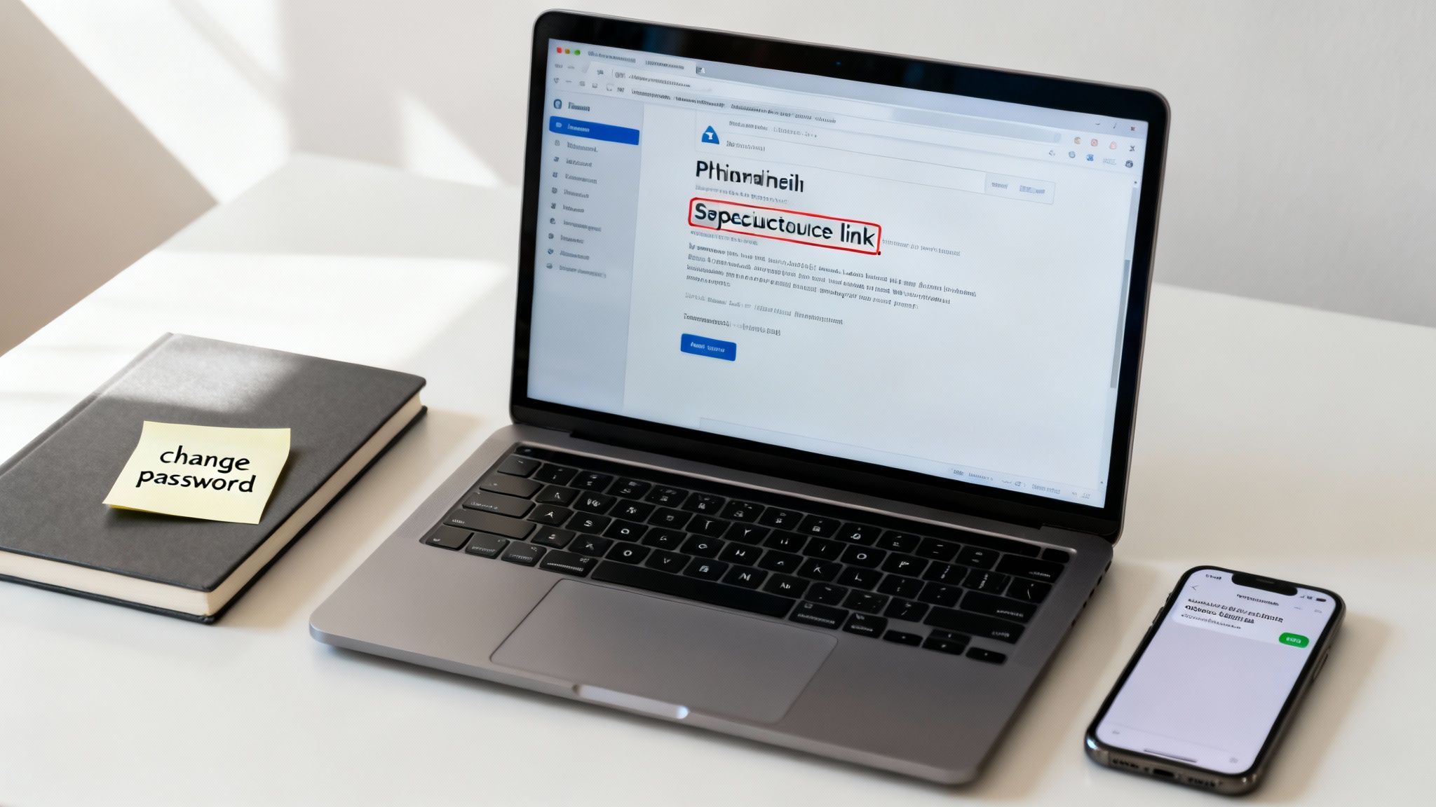 A laptop, a notebook with a 'change password' sticky note, and a smartphone on a white desk.
