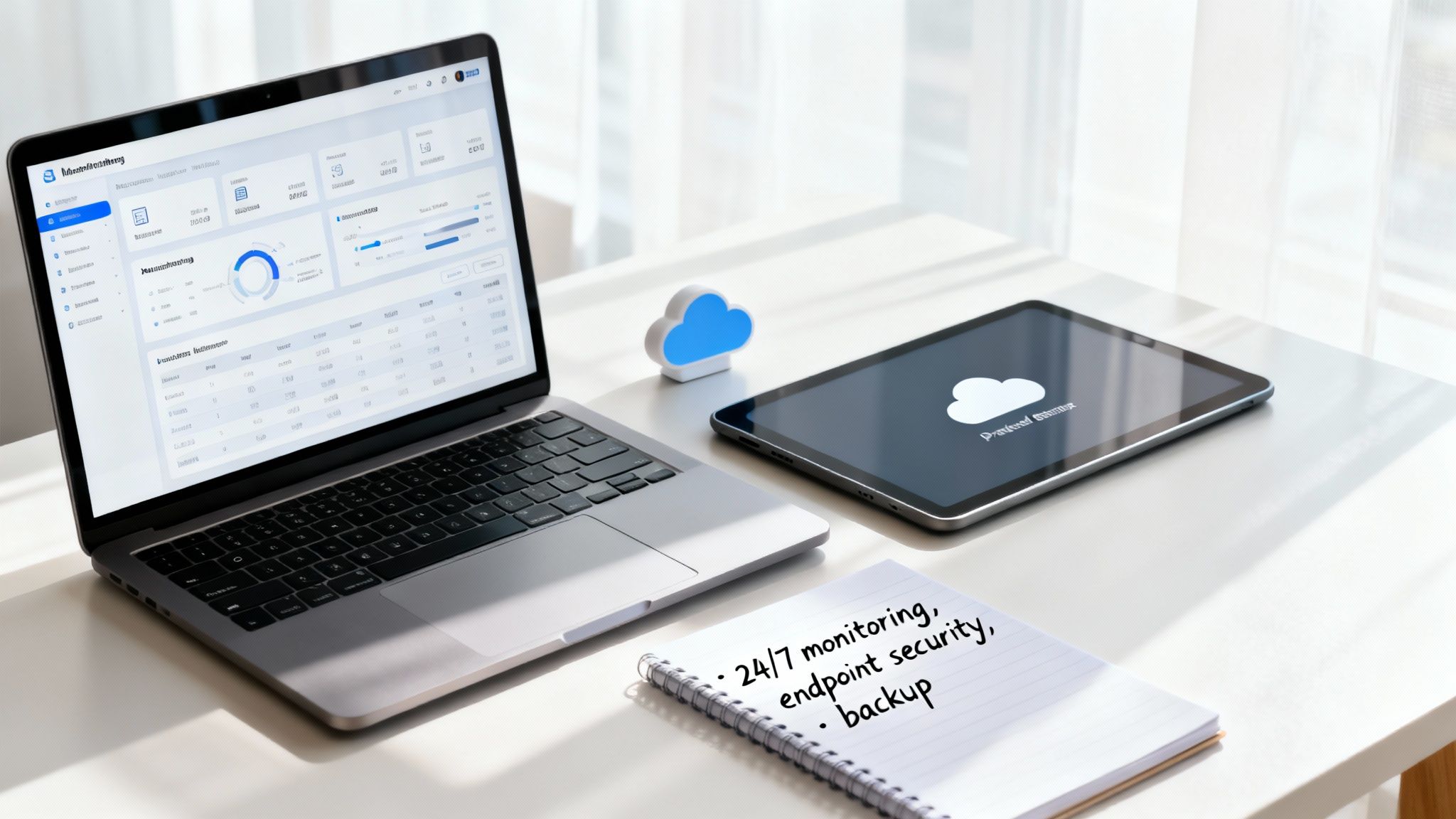 Laptop with IT monitoring dashboard, tablet showing cloud, and notepad listing security and backup services on a desk.
