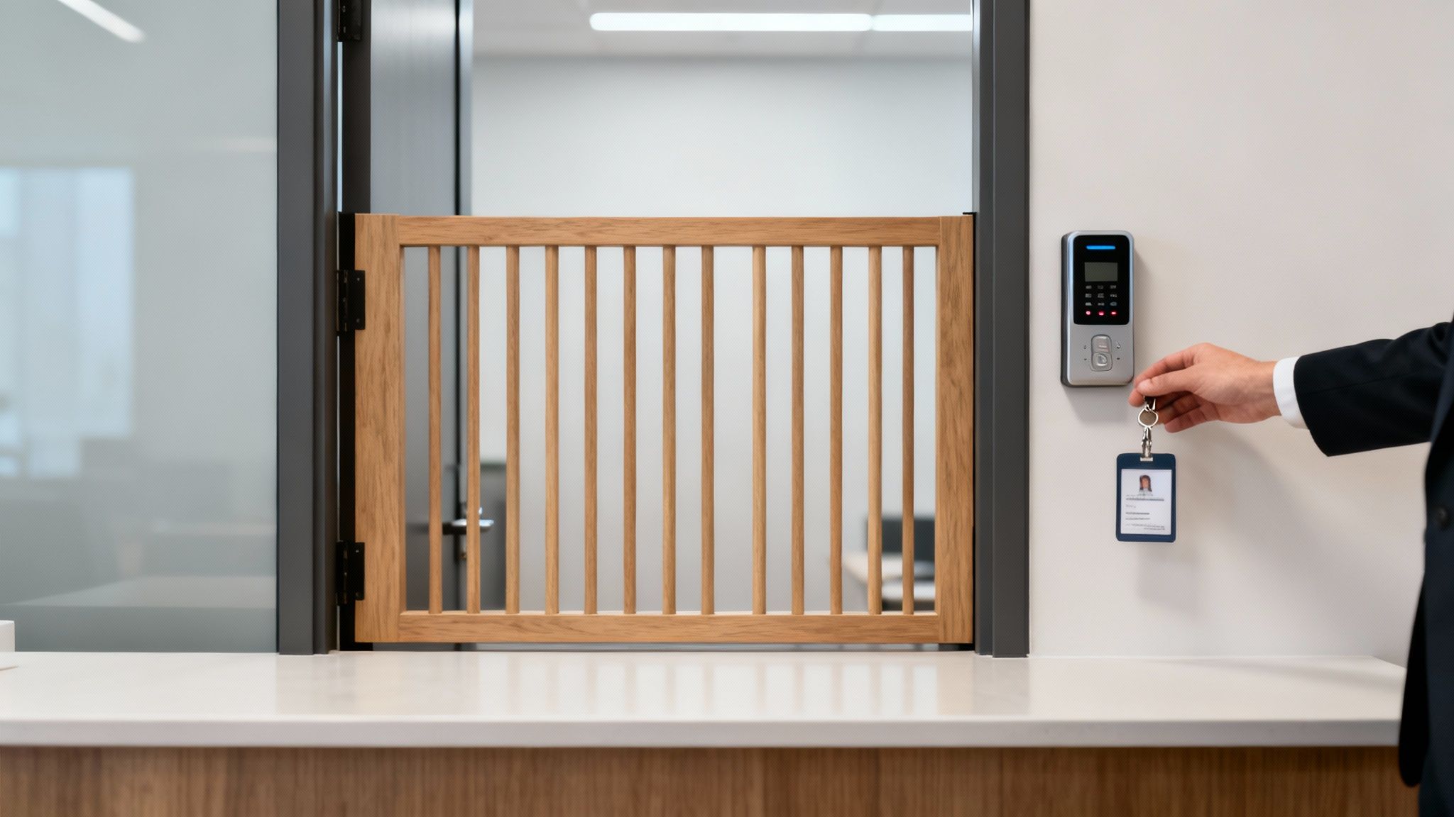 A hand uses an ID badge to access a security card reader next to a wooden barrier in an office.