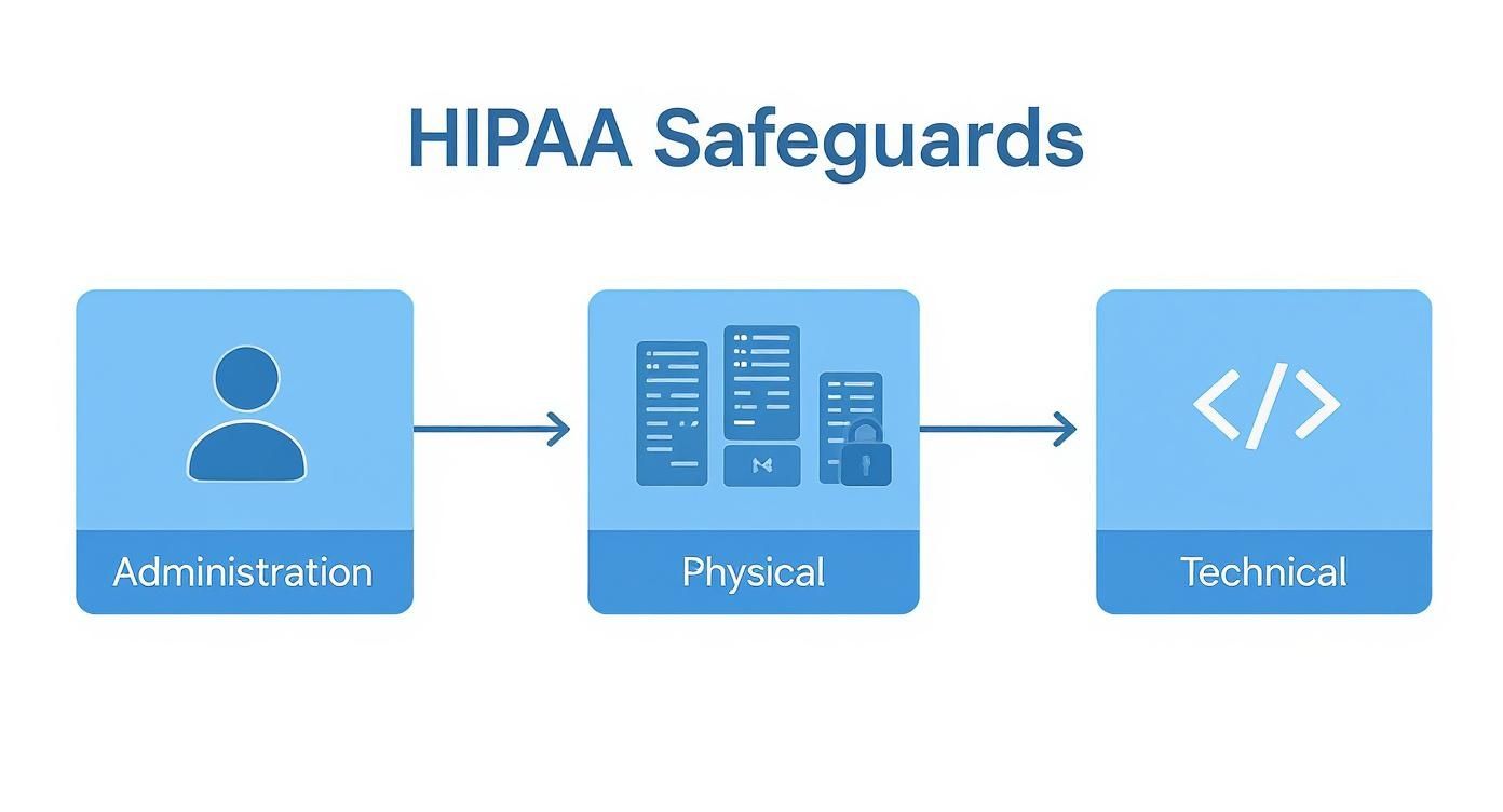 HIPAA Safeguards diagram showing three pillars: Administrative, Physical, and Technical security measures with icons