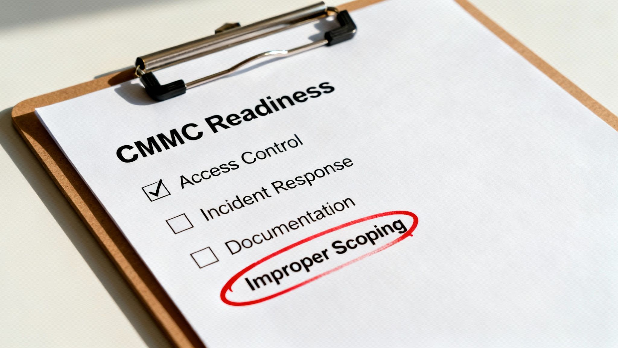 A checklist on a clipboard with a magnifying glass over it, representing a CMMC readiness check.