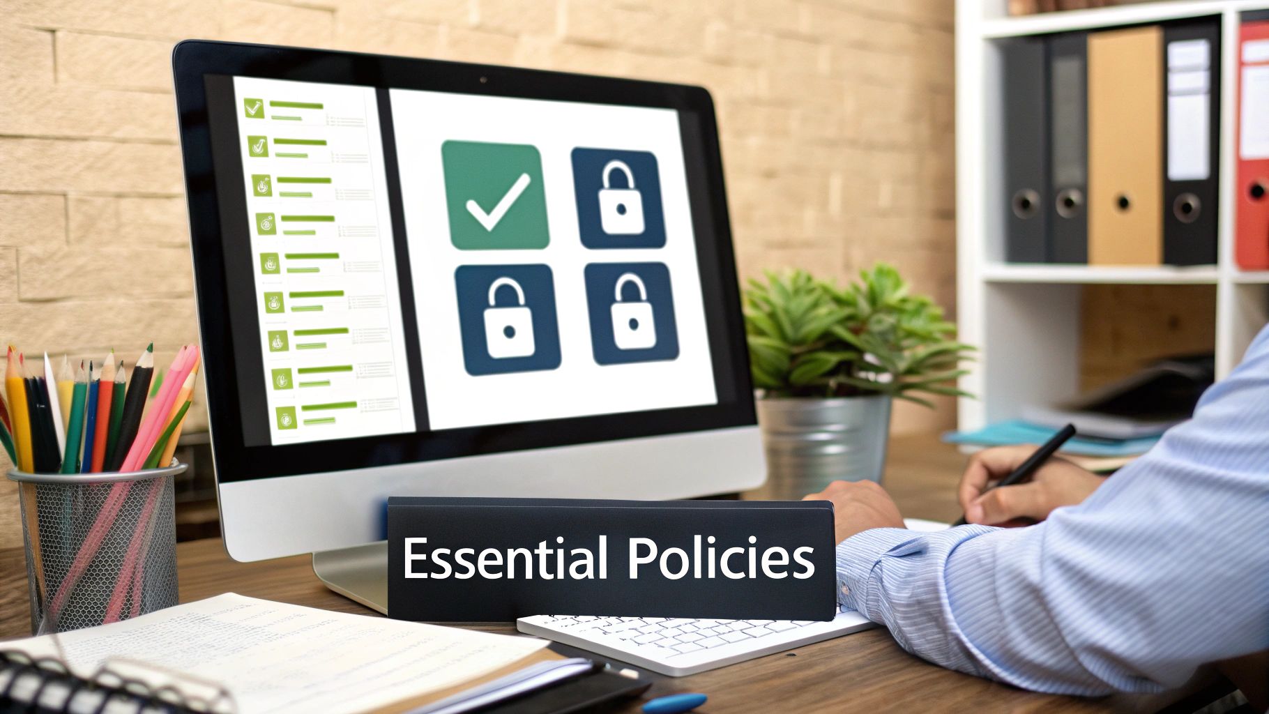 A team collaborating on security policy documents in a modern office.