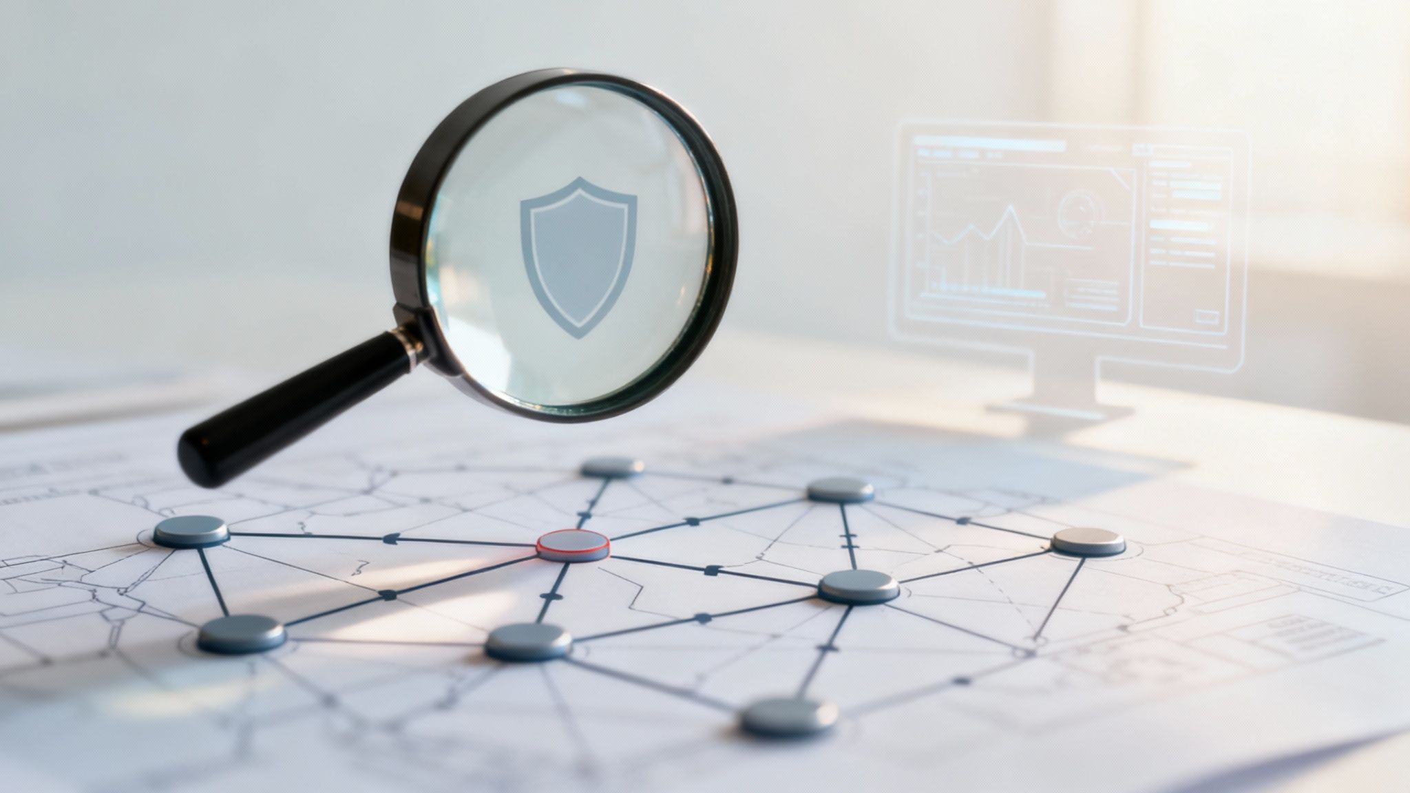 Magnifying glass showing a shield icon over a network diagram, symbolizing network security and protection.