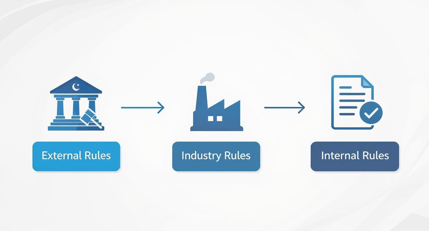 Flowchart showing the progression from external rules to industry rules and then to internal rules.