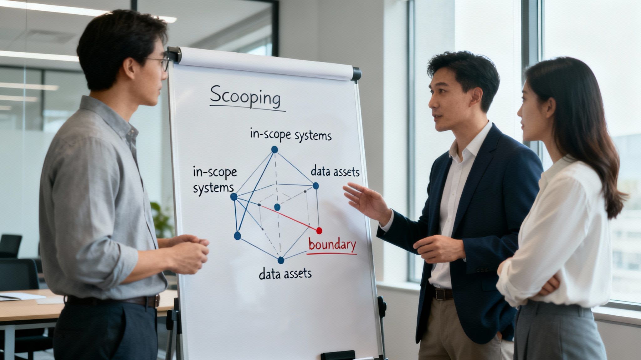 Three professionals discuss a 'Scoping' diagram on a whiteboard during an office meeting.