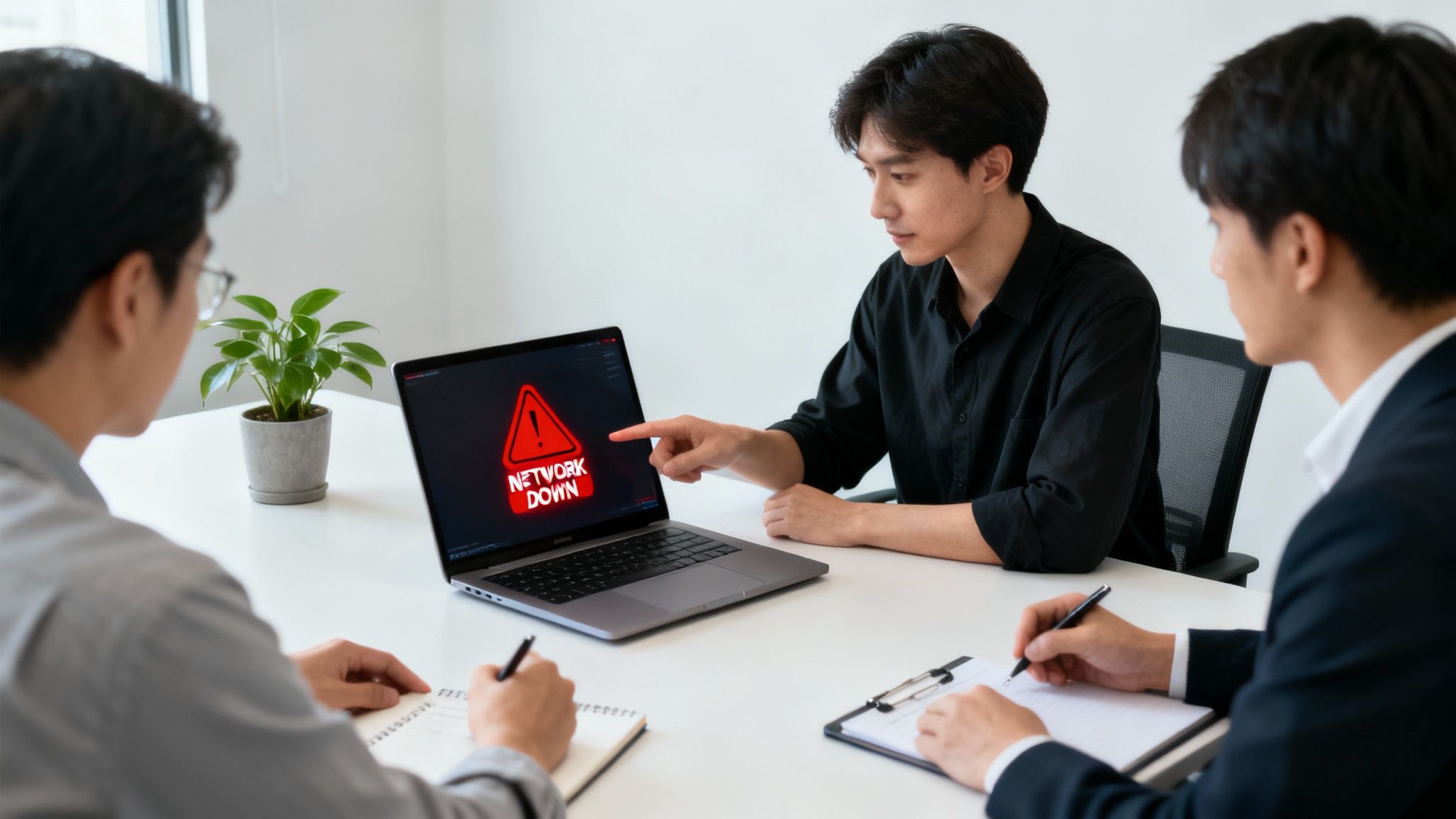 A team of IT professionals working together in a server room, illustrating the collaborative effort needed for disaster recovery planning.