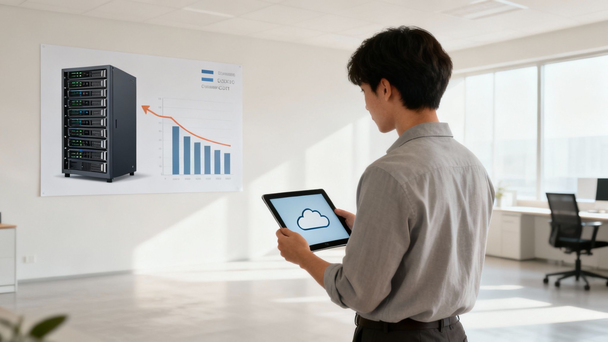 Man holding a tablet with a cloud icon, looking at a server rack and a chart on a wall.