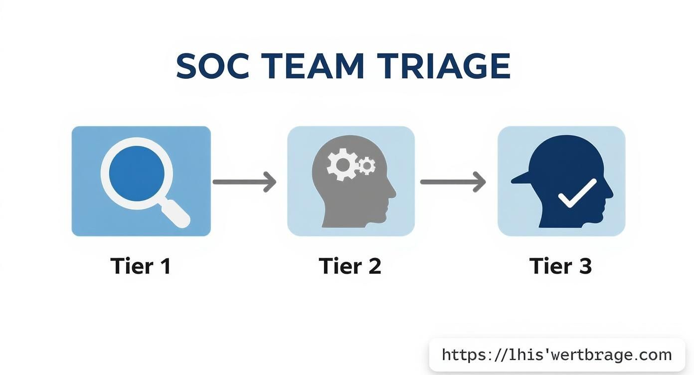 Three-tier SOC team triage process showing investigation, analysis, and resolution stages with icons