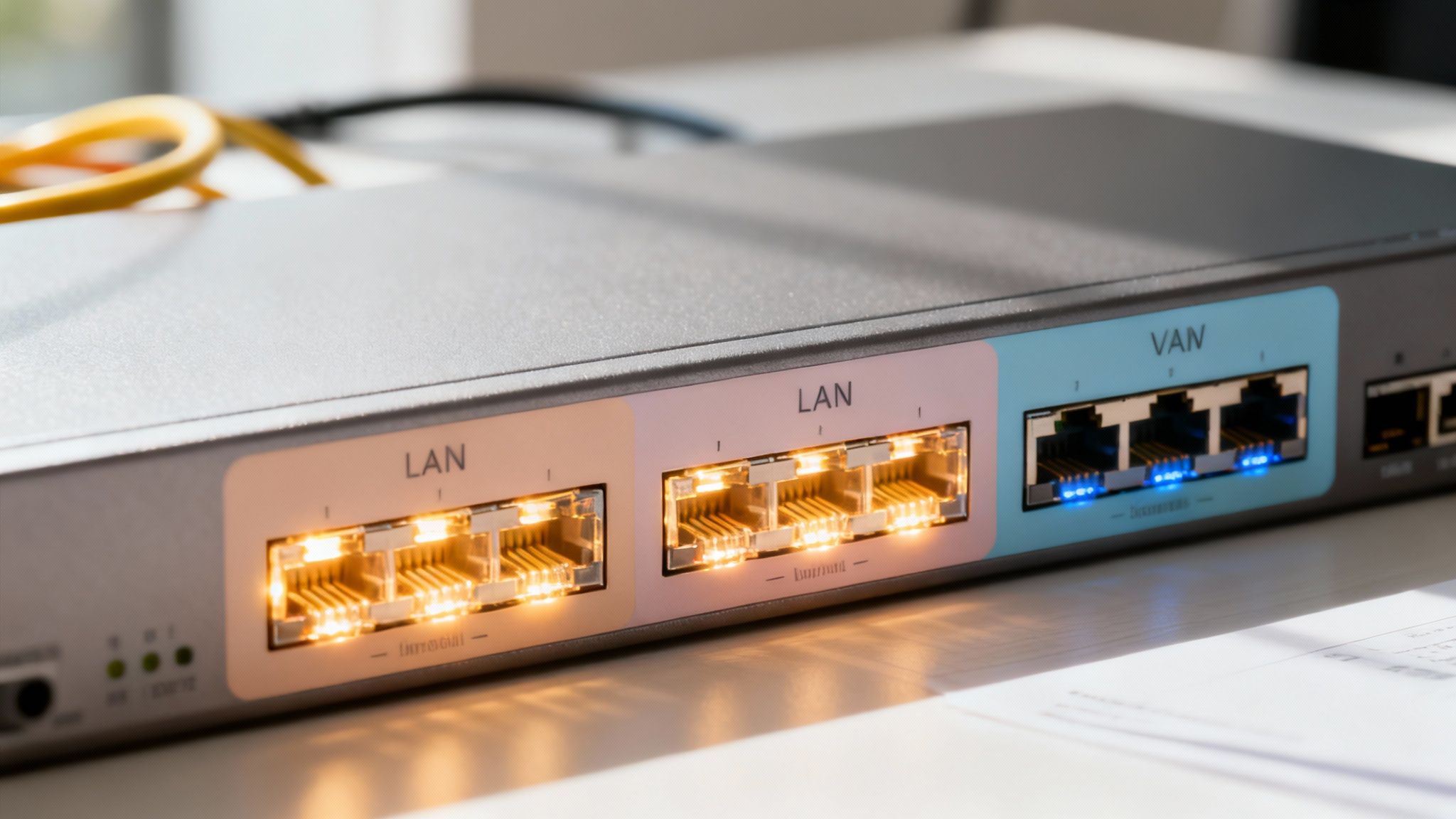 Close-up of a network switch with multiple glowing orange LAN ports and blue VAN ports, showing active connections.