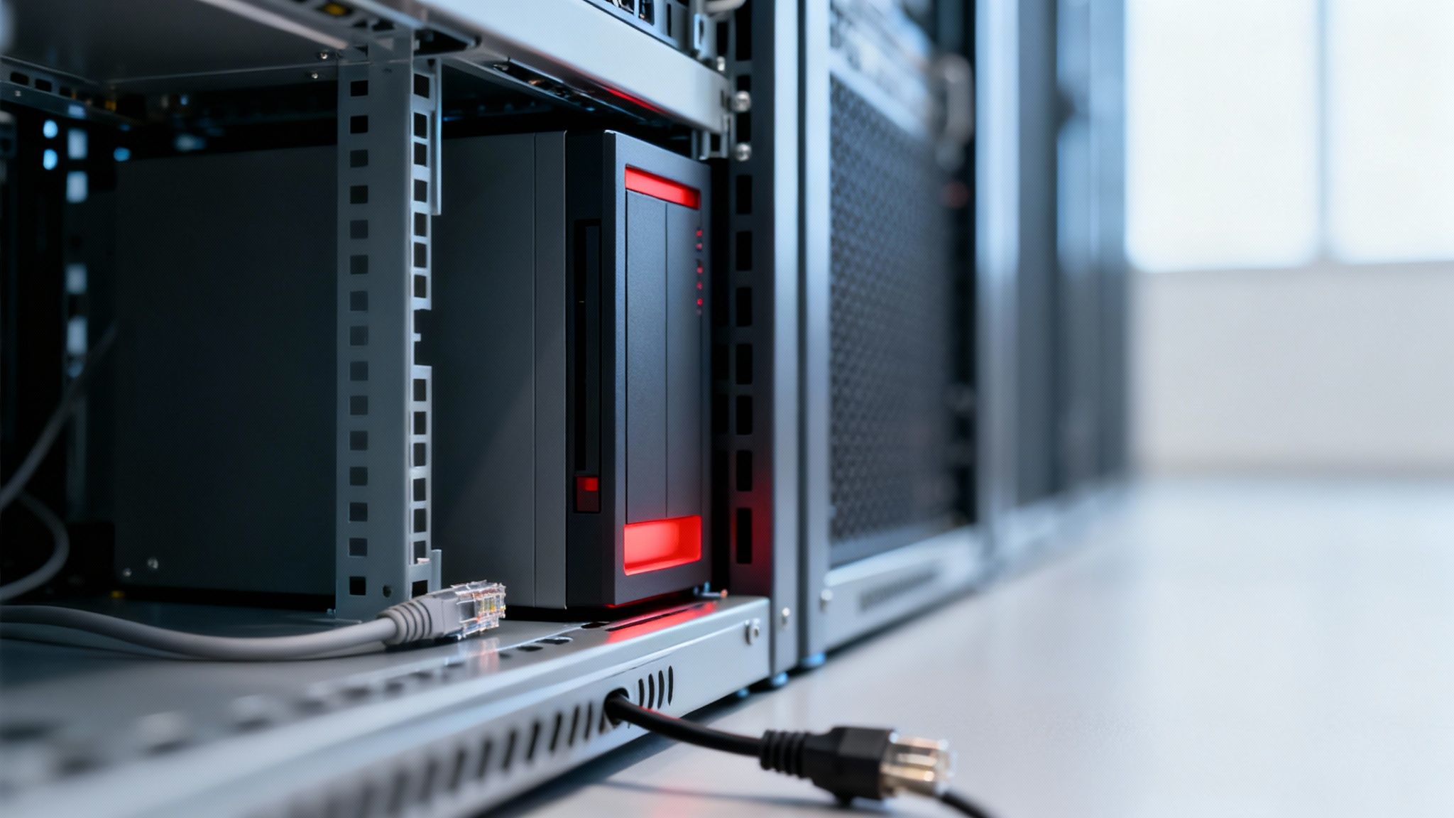 Server rack with red LED illuminated storage drives and network cables connected in data center