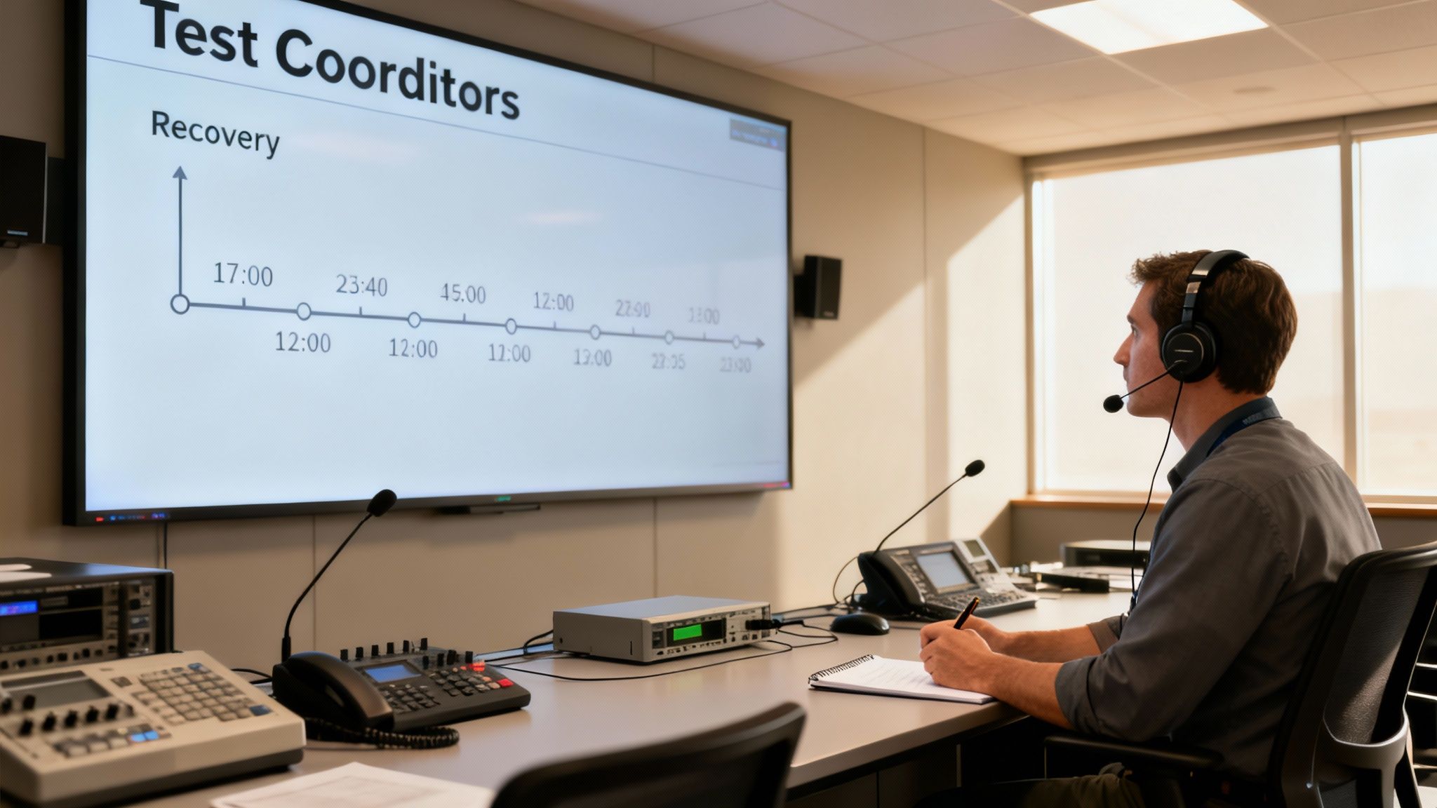 Man with headset monitors a disaster recovery timeline on a large screen in a control room.