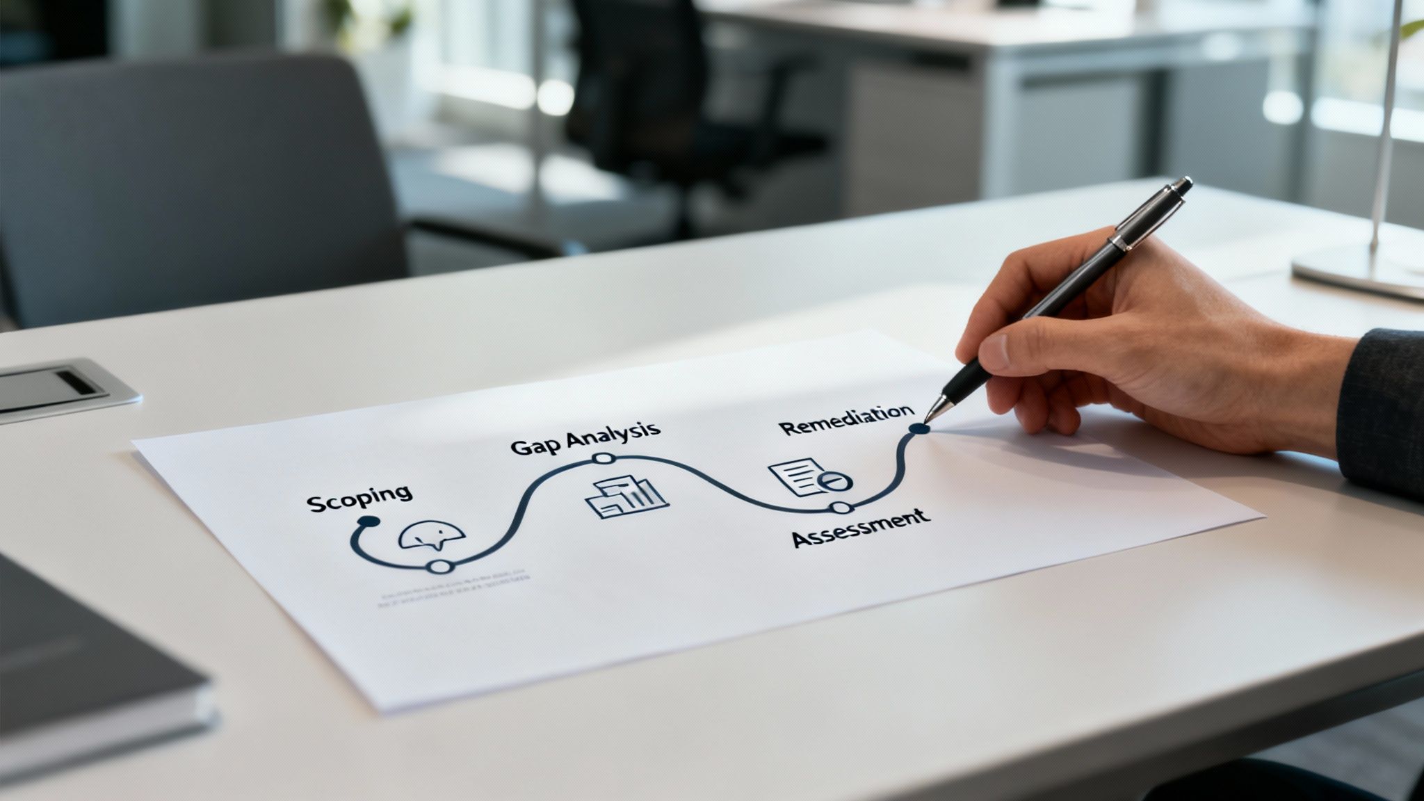 A person marking items off a checklist, representing a CMMC certification roadmap