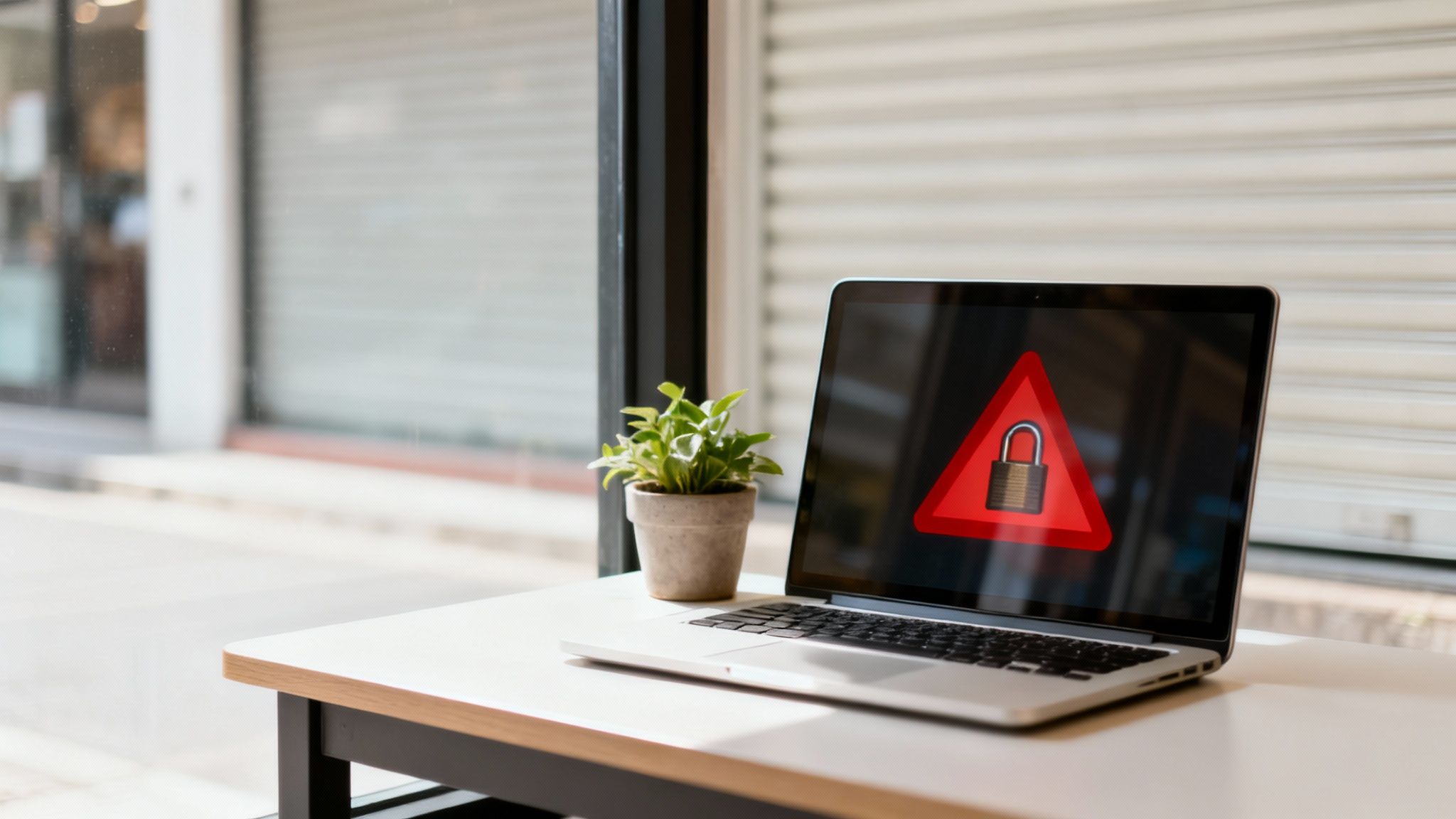 Laptop on a desk displaying a red warning sign with a padlock, symbolizing cybersecurity.
