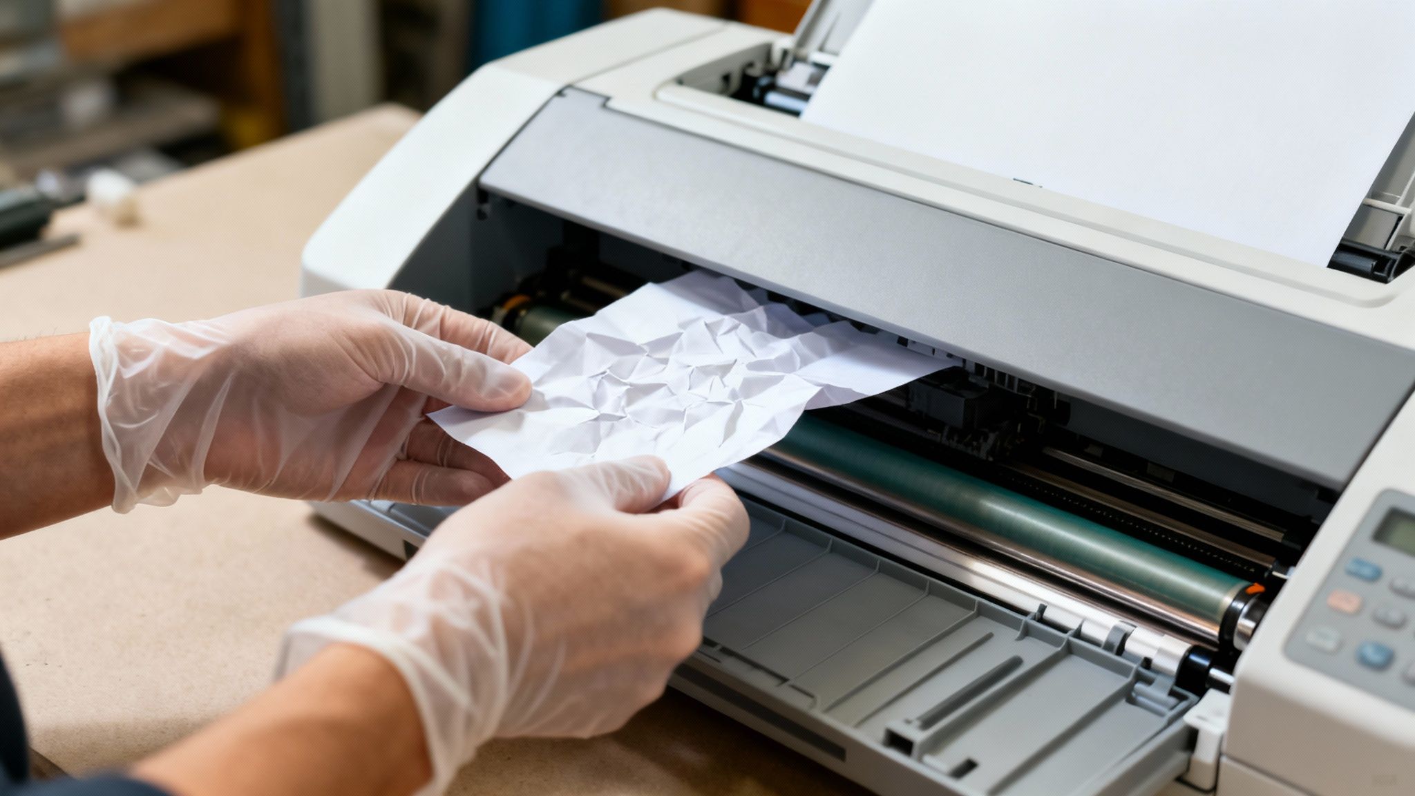 Gloved hands remove a crumpled paper jam from a grey laser printer, illustrating common printing problems.