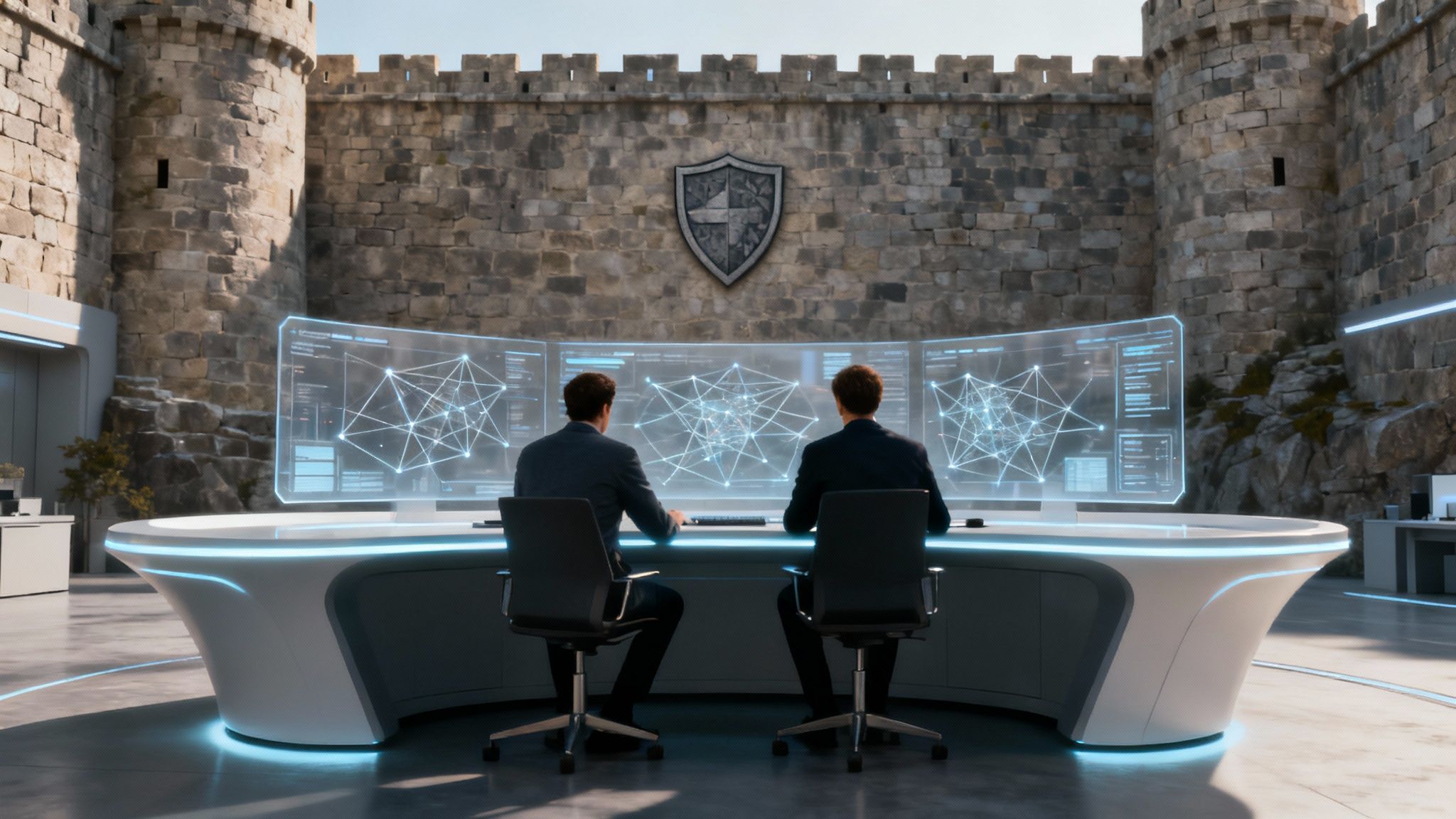 Two security analysts monitoring network threat intelligence on holographic displays in modern security operations center