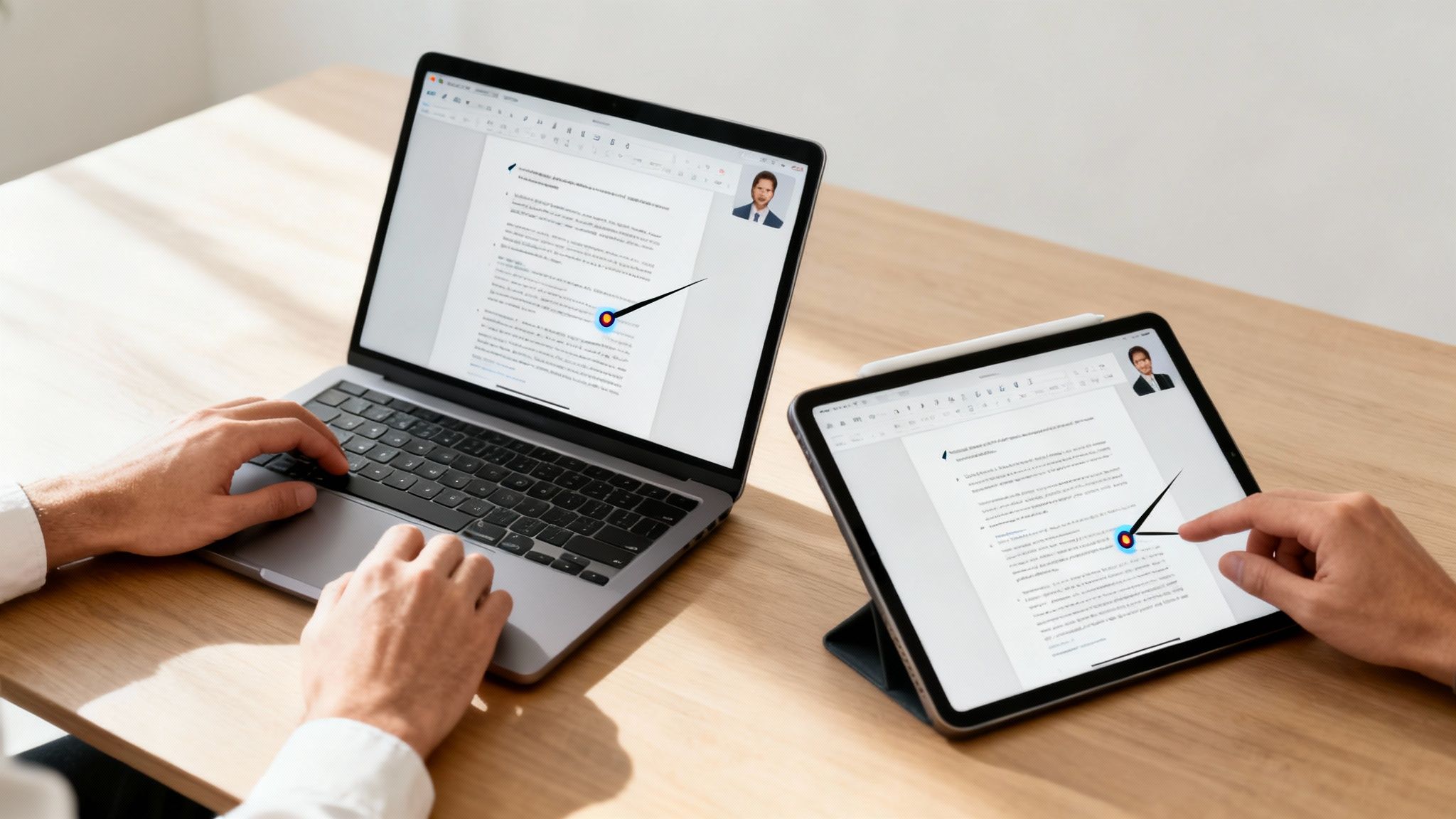 Two people collaborating on a document across a laptop and a tablet on a wooden desk.