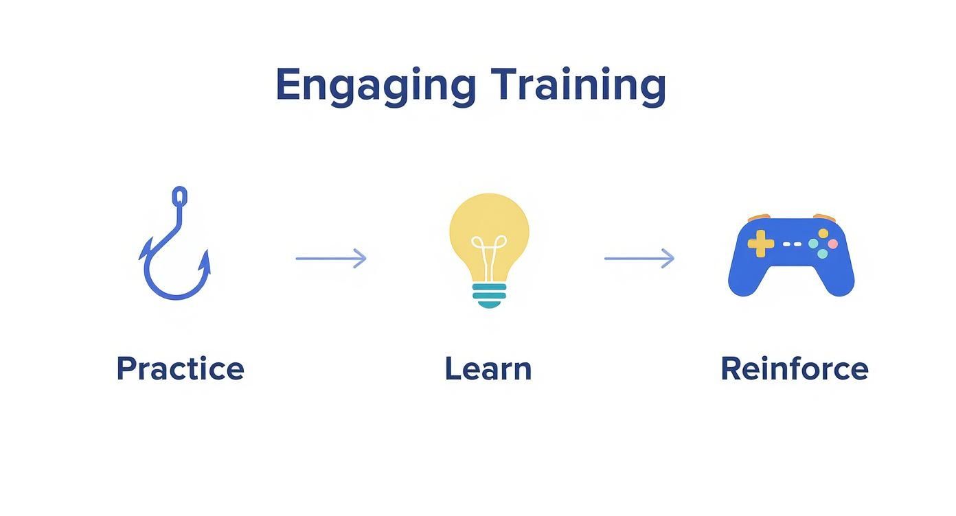 Diagram showing the engaging training process: practice (fishing hook), learn (lightbulb), reinforce (game controller).