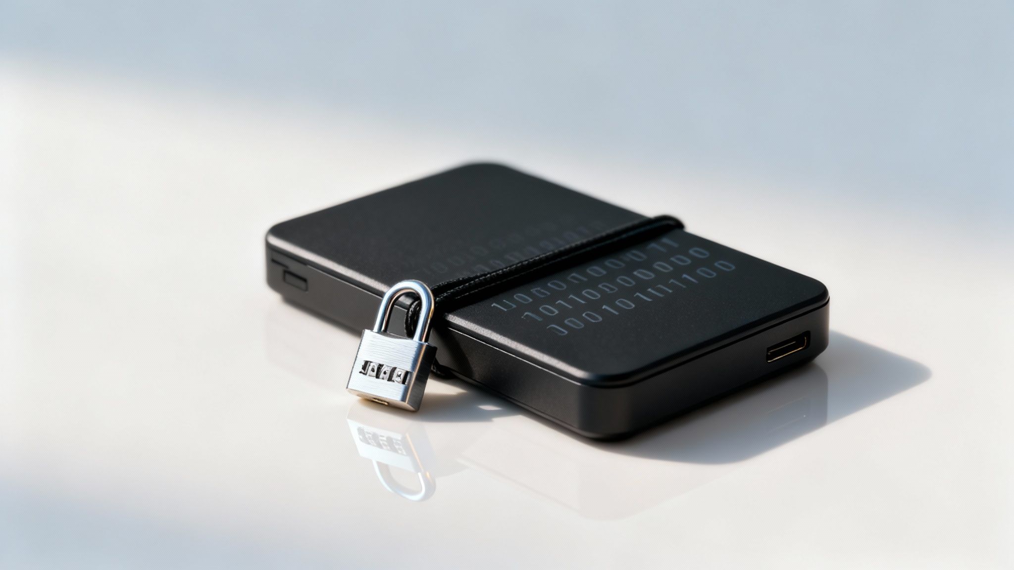 Digital data security concept: external hard drive with binary code, locked by a combination padlock.