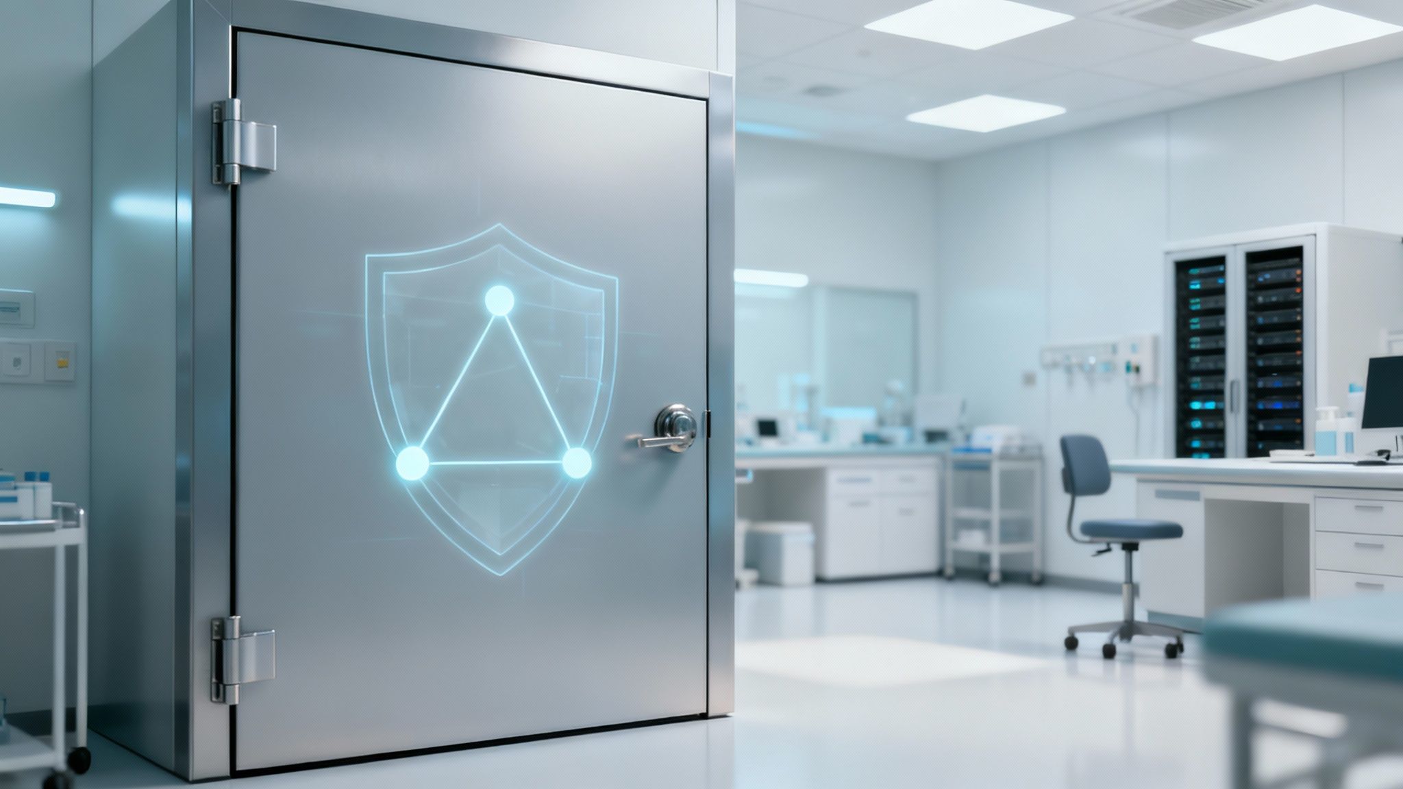 Modern glass door with digital security shield icon in medical laboratory environment