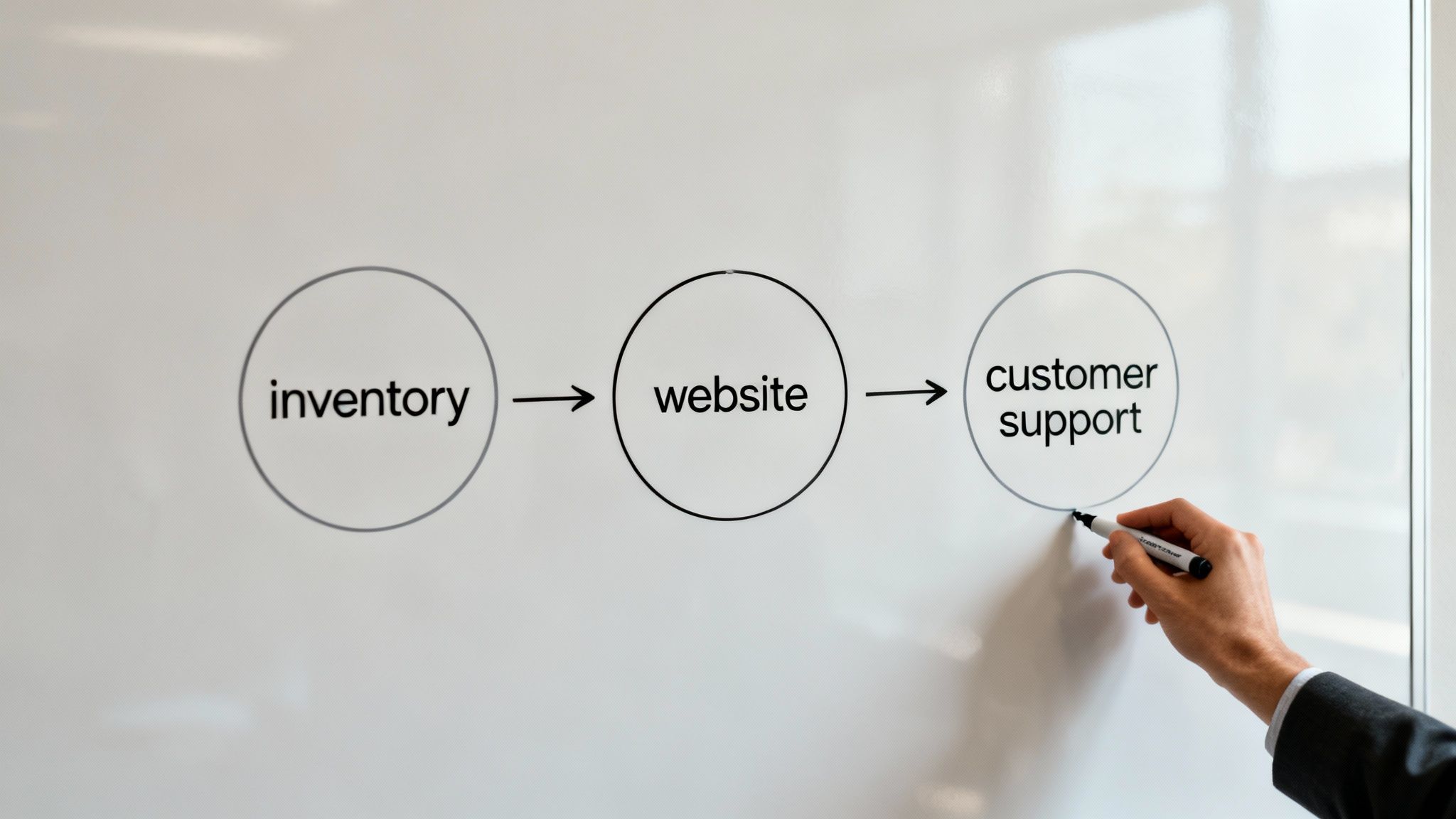 A person using sticky notes on a glass wall to brainstorm and identify critical business functions.