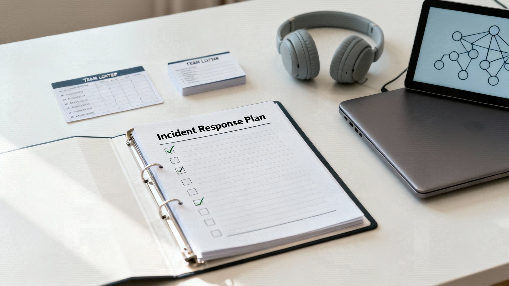 Incident response plan checklist on clipboard with laptop, headphones, and team roster cards on desk