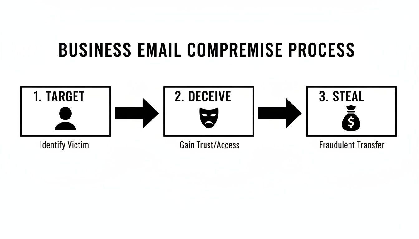 Flowchart showing the 3-step Business Email Compromise process: identify victim, deceive, and steal funds.