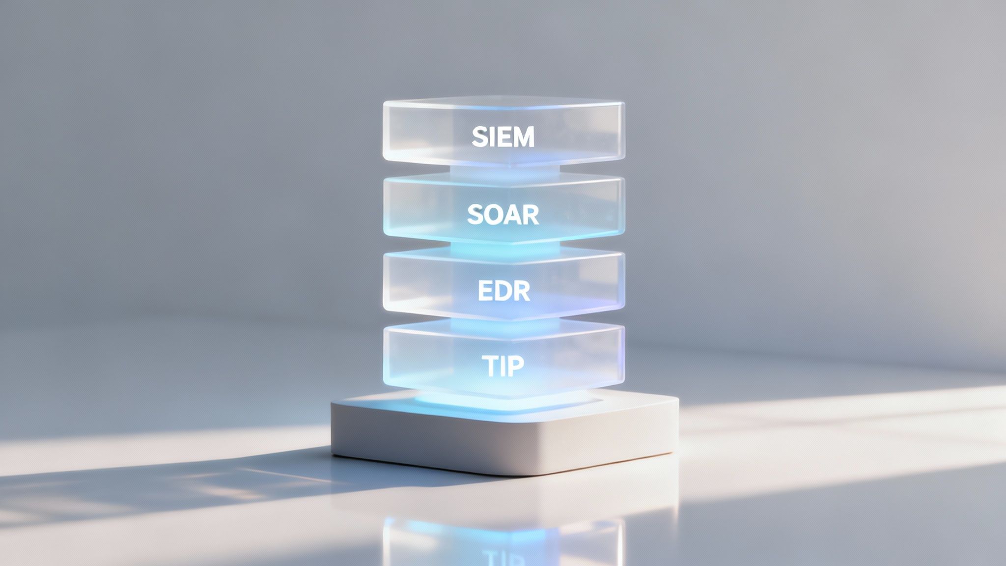 Illuminated transparent layers displaying SIEM, SOAR, EDR, and TIP security operations center technologies stacked vertically