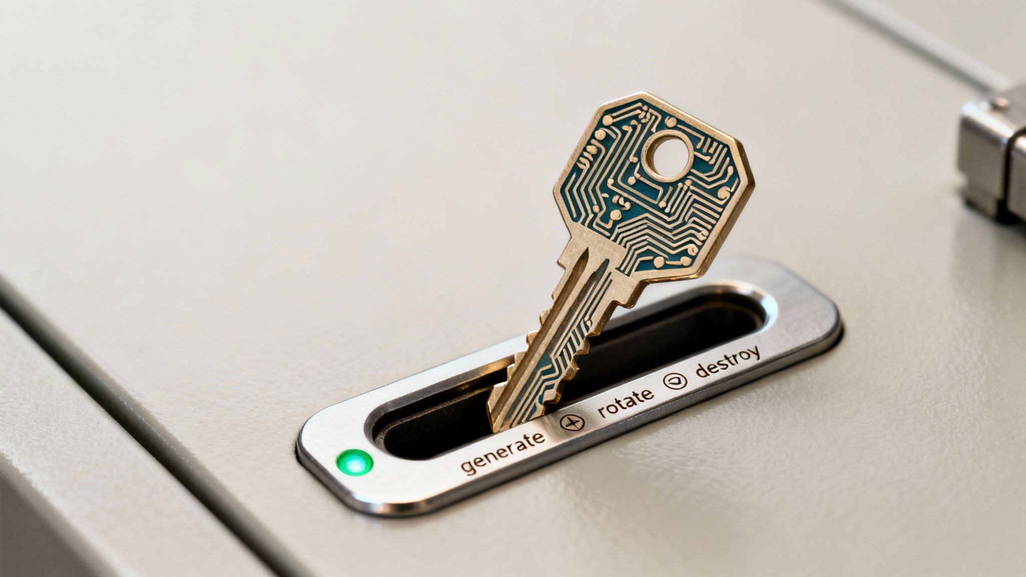 A circuit board patterned key is inserted into a slot labeled 'generate', 'rotate', and 'destroy', with a green light next to 'generate'.