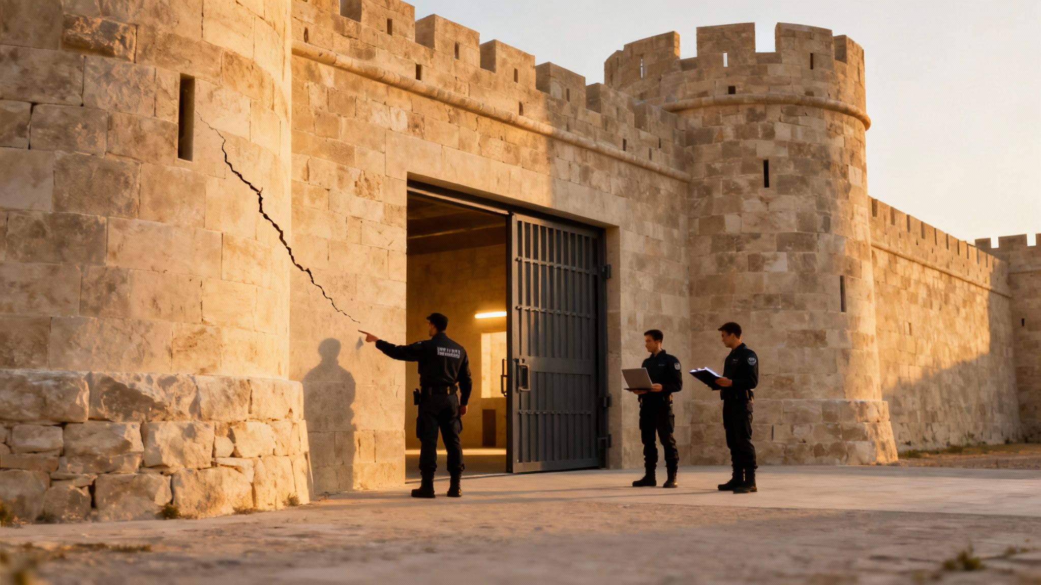 A digital fortress representing a business's cybersecurity defenses