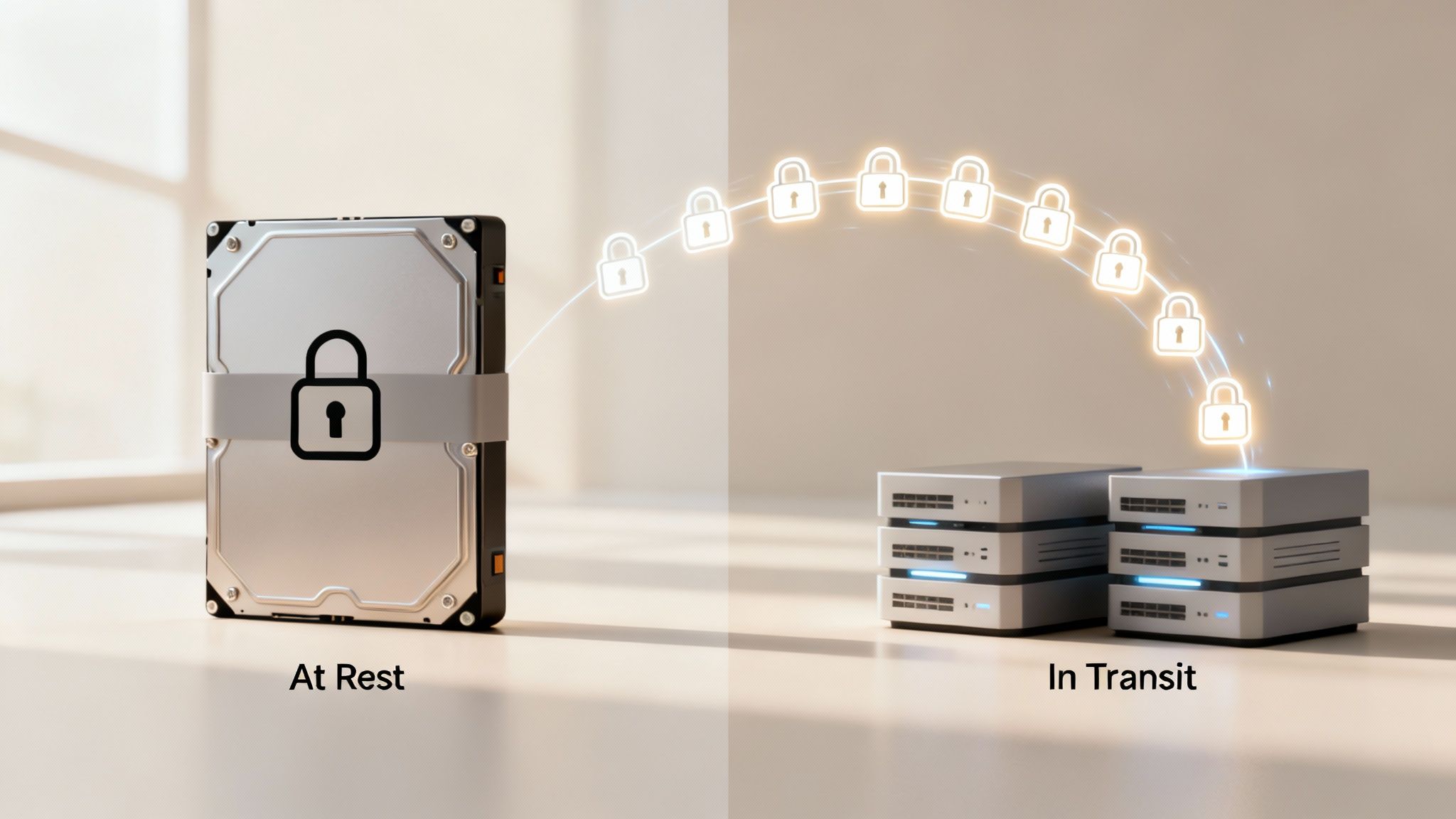 Data encryption illustration: hard drive locked (at rest) and glowing padlocks moving between servers (in transit).
