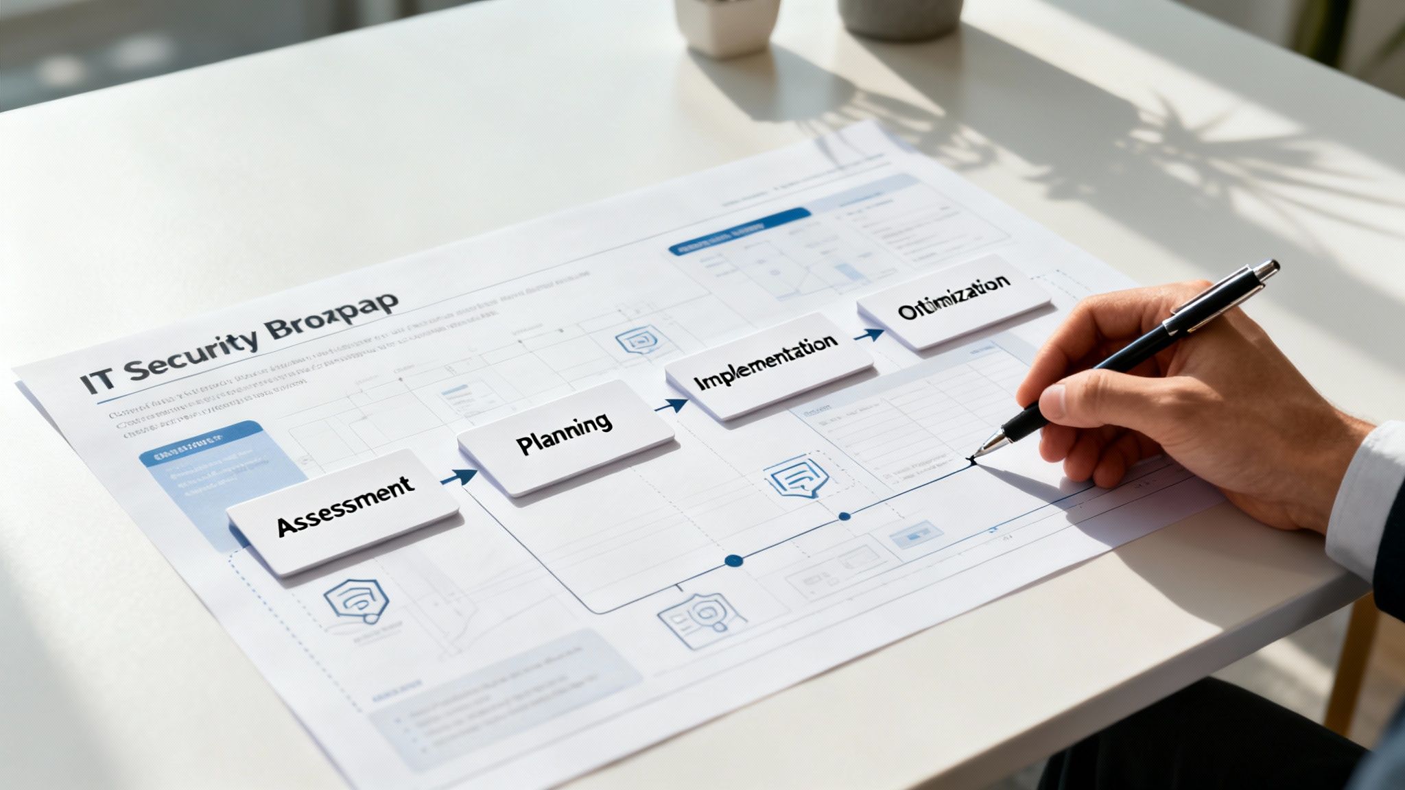 A person's hand writing on an IT security process document showing assessment, planning, implementation, and optimization steps.