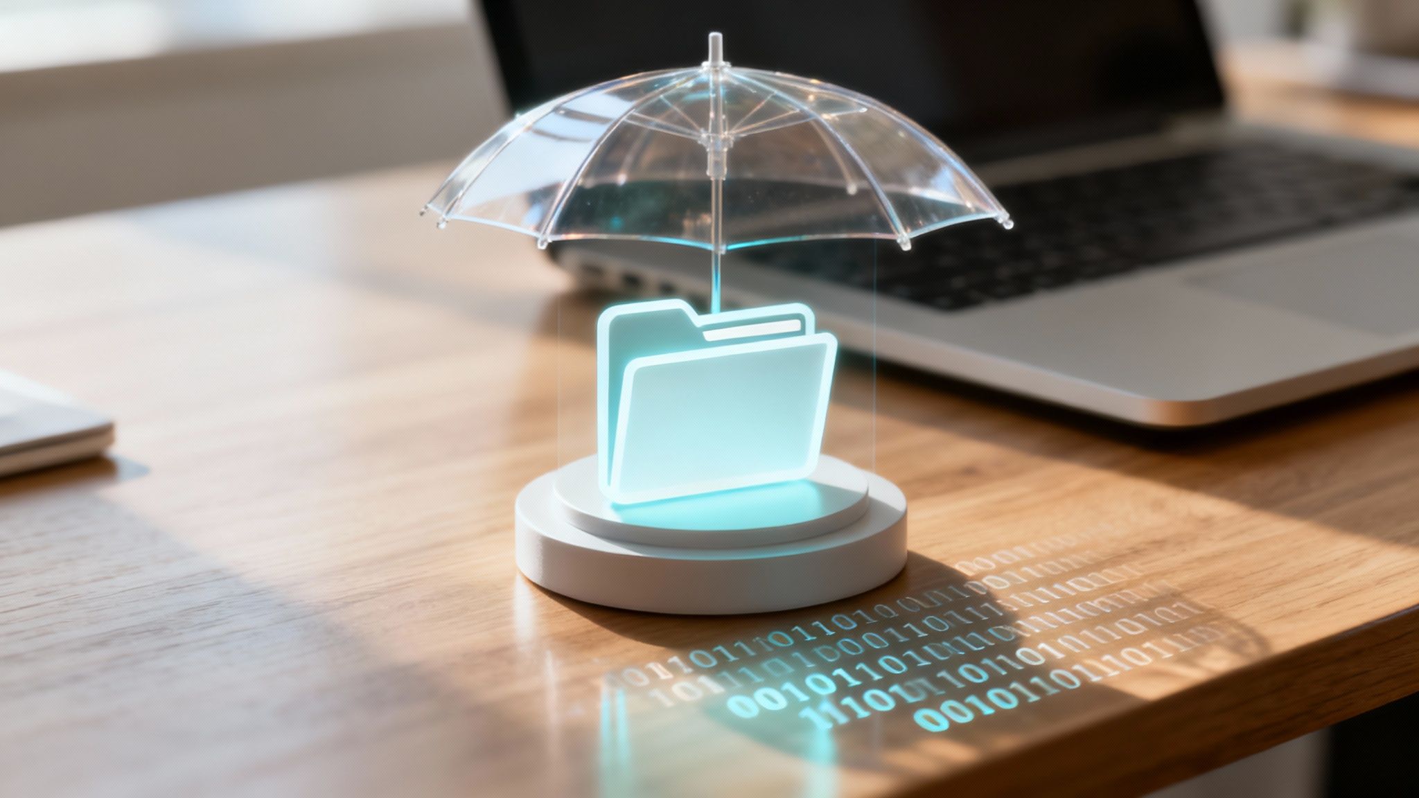A secure server room with glowing blue lights, representing protected data.